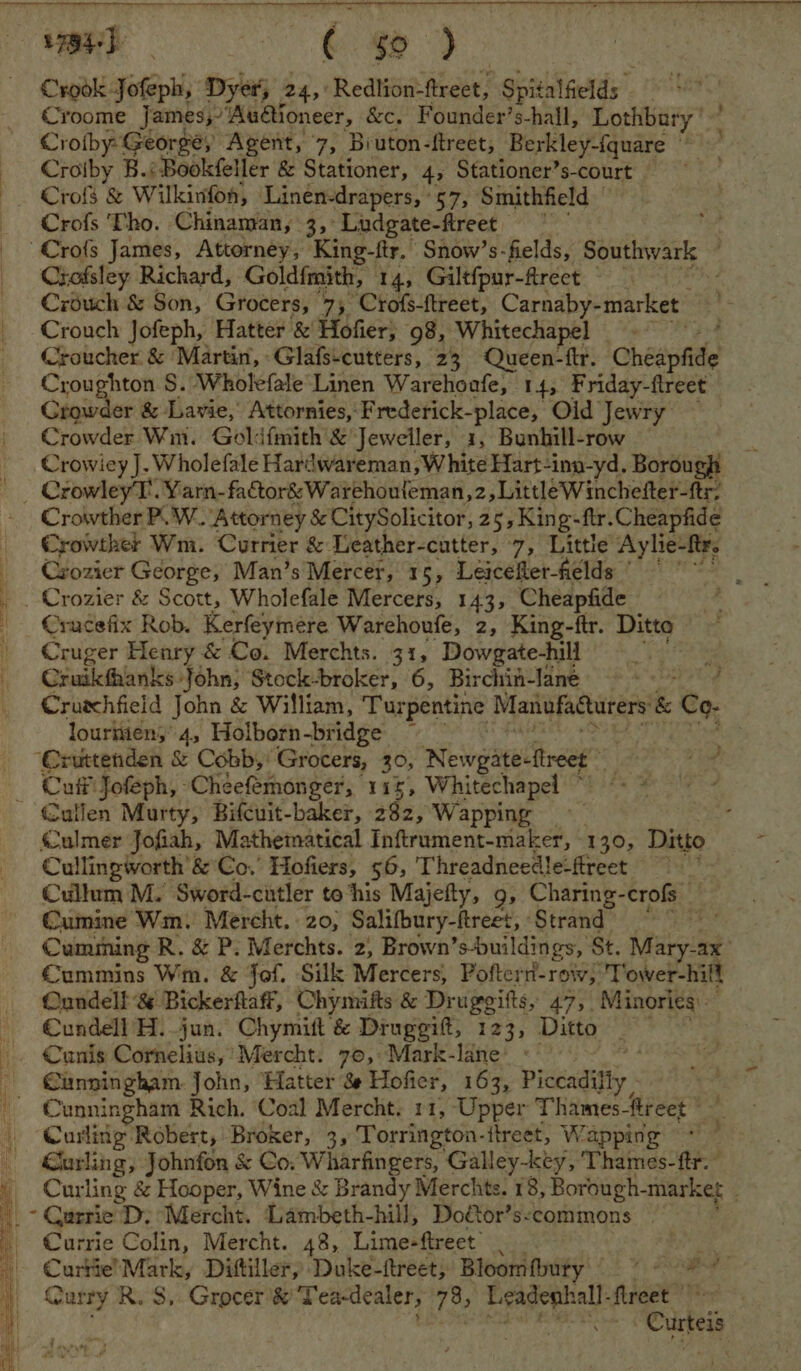 5 wey SG Se) Crook Jofeph, Dyer, 24, Redlion-ftreet, Spitalfields Croome James,” ‘Au€tioneer, &c. Founder’s-hall, Lothbary ' Crotby Georgé, Agent, 7, Biuton-ftreet, Berkley-{quare i Croiby B.<Bookfeller & Stationer, 4, Stationer’s-court . Crofs Tho. Chinaman, 3, Ludgate-ftreet . Crofs James, Attorney, King-ftr. Snow’s-fields, Southwark ” j Crofsley Richard, Goldimith, 14, Giltfpur-fireet Crouch & Son, Grocers, 7, Crofs-ftreet, Carnaby- market: Crouch Jofeph, Hatter & Hofer; 98, ‘Whitechapel Croucher. & ‘Martin, -Glafs-cutters, 23 Queen-ftr. Chedpfide Crough ton S. Wholefale Linen Warehoafe, 14, Friday-flreet. Crowder & Lavie, Attornies, Frederick-place, Oid Jewry — Crowder Wii. Goldfmith & Jeweller, 1, Bunhill-row Crowiey J. Wholefale Hardwareman, White Hart-ing-yd. Borough _ CrowleyT’. Yarn-faCtor& Warehouleman,2, Little Winchefter-ftr: Crowther P. WW. Attorney & CitySolicitor, 25, King-ftr. Cheapfide Crowther Wm. Currier & Leather-cutter, 7, Little Aylie-ftr. Cxozier George, Man’s Mercer, 15, Leacefler-fields © , Crozier & Scott, Wholefale Mercers, 143, Cheapfide j Crucefix Rob. Kerfeymere Warchoufe, 2, King-ftr. Ditto Cruger Henry & Co. Merchts. 31, Dowgate-hil _ ; Cruikthanks John; Stock-broker, 6, Birchin-lane ; d Cruschfield John & William, Turpentine Manufacturers if Co. louritien;’ 4, Holborn-bridge ~ | Syuttenden & Cobb,’ Grocers, 30, Newgatecitreet 4 4 allen Murty, Bifcuit-baker, 282, Wapping Calms Jofiah, Mathematical Inftrument-maker, 120; Ditto Cullingworth & Co,’ Hofiers, 56, Threadneedle-ftreet Cullum M. Sword-citler to‘his Majefty, 9, Charing-crofs _ Cumine Wm. Mercht. 20, Salifbury-ftreet, Strand’) Vr Cumming R. & P; Merchts. 2, Brown’ s-buildings, St. Mary- ax Cummins Wm. & fof. Silk Mercers, Poftern-row, “Tower-hill Qundell & Bickerftaff, Chymifts & Druggitts, 475. Minories Cundell H. jun. Chymift & Drugeift, 123, Ditto — Cunis Cornelius,’ Mercht. 70,-Mark-lane’ «° Cunningham. John, Hatter & Hofier, 163, Picea | Cunningham Rich. Coal Mercht. 11, Upper Thames- fireet © Curling Robert, Broker, 3, Torrington. -ftreet, Wapping ° +!” Gurling, Johnfon & Co. Wharfingers, Galley-key, Thames-ftr.” Curling & Hooper, Wine & Brandy Merchts. 18, Borough- marke - * Currie D. Mercht. Lambeth-hill, Door’s-commons — Currie Colin, Mercht. 48, Lime-ftreet’ ‘ fg’ Curtie’Mark, Dittiller, Duke-ftreet; Bloomfbuty © Curry R. S, Grocer '& Pea-dealer, be ata a piet” ‘ Custeis