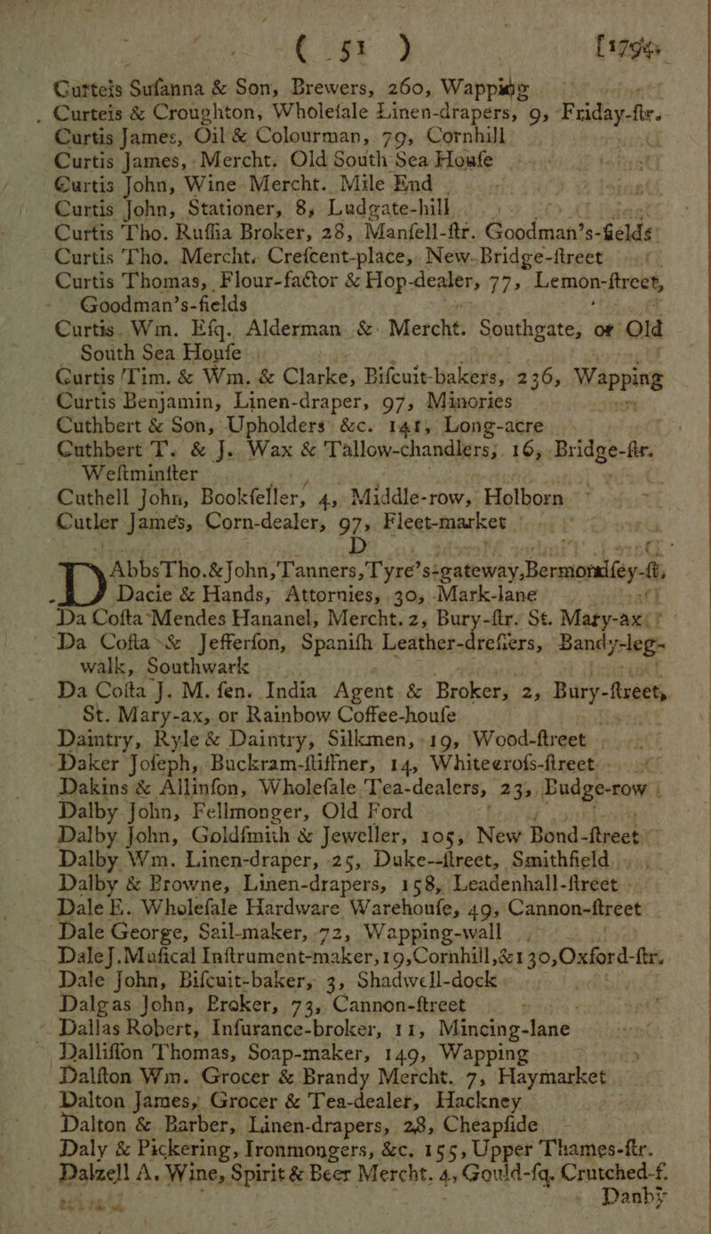 Curteis Rist cts & Son, Brewers, 260, Wappiae . Curteis & Croughton, Wholeiale £ Fiichdhneey | 9s Friay-fe. Curtis James, Oil & Colourman, 79, Cornhill Curtis James, Mercht. Old South Sea Houfe Curtis John, Wine Mercht.. Mile End Curtis John, Stationer, 8, Ludgate- hill Curtis Tho. Rufia Broker, 28, Manfell-ftr. al pte $- elds Curtis Tho. Mercht. Crefcent-place, New-Bridge-ftreet | Curtis Thomas, Flour-factor & Hop-dealer, 77, Lemon frees, Goodman’s-fields Curtis. Wm. Efg. Alderman. &:+ Mercht. Southgate, of old South Sea Houfe Gurtis Tim. & Wm. & Clarke, Bifcuit-bakers, 236, Wapping Curtis Benjamin, Linen- draper, 97, Minories Cuthbert & Son, Upholders\ &c. 141, Long-acre_ . Cuthbert T. & J. Wax & Tallow-chandlers,. 16, Bridge: fir. Weltmintter | itt Cuthell John, Boo! feller, 9 Middle-row, 9 ae ba Cutler James, Corn-dealer, 97, Fleet-market . tot ) D Dacie & Hands, Attornies, 30, Mark-lane “Da Cofta Mendes Hananel, Mercht.z, Bury-ftr, S¢. Madsoasict ‘Da Cofta»s Jefferfon, Spanifh Leather-dreiers, Band yrleg- walk, Southwark St. Mary-ax, or Rainbow Coffee-houfe Daintry, Ryle & Daintry, Silkmen,:19, Wood- ftreet -Daker Jofeph, Buckram-ftifiner, 14, Whiteerofs-fireet... Dakins & Allinfon, Wholefale Tea- dealers, 233 Budigereowl Dalby John, Fellmonger, Old Ford Dalby John, Goldfmith & Jeweller, 105, New Bond -ftrect Dalby Wm. Linen- -draper, 25, Duke--itreet, Smithfield, |. Dalby & Browne, Linen-drapers, 158, Leadenhall- ftreet - Dale E.. Wholefale Hardware Warehoufe, 49, Cannon-ftreet . ‘Dale George, Sail-maker, 72, Wapping-wall _, DaleJ.Mafical Inftrument-maker,19,Cornhill,&1 30,0xford -ftr. Dale John, Bifcuit-baker, 3, Shadwell- dock . Dalgas John, Proker, 73, Cannon-ftreet Dallas Robert, Infurance-broker, 11, Mincing-lane. Dallifion Thomas, Soap-maker, 149, Wapping ’ Dalfton Wim. Grocer & Brandy Mercht. 7, Haymarket Dalton James, Grocer & Tea-dealer, Hackney Dalton & Barber, Linen-drapers, 28, Cheapfide _ Daly & Pickering, Ironmongers, &c. 155, Upper Thames-ftr. Dalzell A. Wine, Spirit & Beer Mercht. 4, Gould-fq, Dye seii anny *. -, + Se wth
