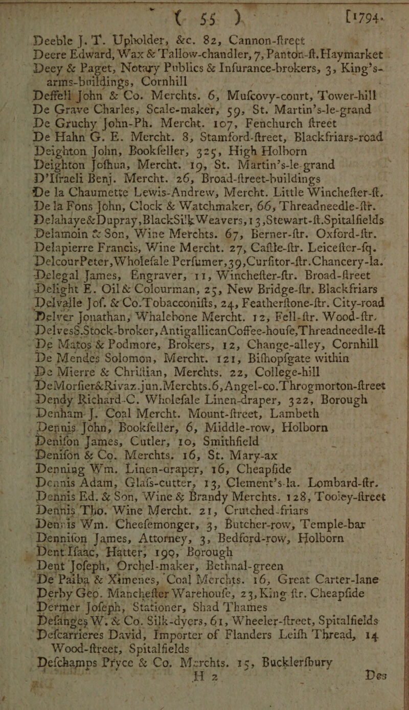 Mitt eos > as cy LEAS Deeble J. T. Upholder, &amp;c. 82, Cannon-firect ‘ _ Deere Edward, Wax &amp; Tallow-chandler, 7, Pantce-titaphlarleet ; Deey &amp; Paget, Notary Publics &amp; Infurance-brokers, 3, King’s- arms-buildings, Cornhill = ee ; Deffeti John &amp; Co. Merchts. 6, Mufcovy-court, Tower-hill De Grave Charles, Scale-maker, 59, St. Martin’s-le-grand De Gruchy John-Ph. Mercht. 107, Fenchurch ftreet De Hahn G. E. Mercht. 8, Stamford-ftreet, Blackfriars-road ‘Deighton John, Bookfeller, 325, High Holborn Deighton Jofhua, Mercht. 19, St. Martin’s-le-grand D’lfraeli Benj. Mercht. 26, Broad-ftreet-buildings De la Chaumette Lewis-Andrew, Mercht. Little Winchefter-ft.. Dela Fons John, Clock &amp; Watchmaker, 66, Threadneedle-itt. Delahaye&amp; Dupray,BlackSik Weavers, 13 ,Stewart-ft.Spitalfields Delamoin &amp; Son, Wize Merchts. 67, Berner-ftr. Oxford-ftr. Delapierre Francis, Wine Mercht. 27, Caftte-ftr. Leicefter-{q. DelcourPeter, Wholefale Perfumer,39,Curfitor-ftr.Chancery-la.’ Delegal James, Engraver, 11, Winchefter-ftr. Broad-freet Delight E. Oil&amp; Colourman, 25, New Bridge-ftr. Blackfriars Delvalle Jof. &amp; Co.Tobacconifts, 24, Featherftone-ftr. City-road Delver Jonathan, Whalebone Mercht. 12, Fell-ftr. Wood-ftr. ~. Delves§.Stock-broker, AntigallicanCoffee-houfe,T hreadneedle-ft “De Matos &amp; Podmore, Brokers, 12, Change-alley, Cornhill De Mendes Solomon, Mercht. 121, Bifhopfgate within De Mierre &amp; Chritian, Merchts. 22, College-hill — . | DeMorfier&amp;Rivaz.jun.Merchts.6, Angel-co. Throgmorton-ftreet Dendy Richard-C. Wholefale Linen-draper, 322, Borough Denham J. Coal Mercht. Mount-ftreet, Lambeth Dennis John, Bookfeller, 6, Middle-row, Holborn Dealion James, Cutler, 10, Smithfield Denifon &amp; Co. Merchts. 16, St. Mary-ax Denning Wm. Linen-draper,' 16, Cheapfide ; Deanis Adam, Glais-cutter, 13, Clement’s-la. Lombard-ftr. Dennis Ed. &amp; Son, Wine &amp; Brandy Merchts. 128, Tooley-ftreet Dennis Tho. Wine Mercht. 21, Crutched-friars Dennis Wm. Checfemonger, 3, Butcher-row, Temple-bar ~ 'Denniion James, Attorney, 3, Bedford-row, Holborn » Dent Tfaac, Hatter; 199, Borough | Dent Jofeph, Orchel-maker, Bethnal-green ‘De Paiba &amp; Ximenes, Coal Merchts. 16, Great Carter-lane Derby Geo. Manchefter Warehoufe, 23, King fir, Cheapfide | Dermer Jofeph, Stationer, Shad Thames . Defanges W.&amp; Co. Silk-dyers, 61, Wheeler-ftreet, Spitalfields: Wood-fireet, Spitalfields _Defchamps Pryce &amp; Co, Merchts. 15, Bucklerfbury 4 Pet Ree by ae: i H 2) ; Low Rete : —
