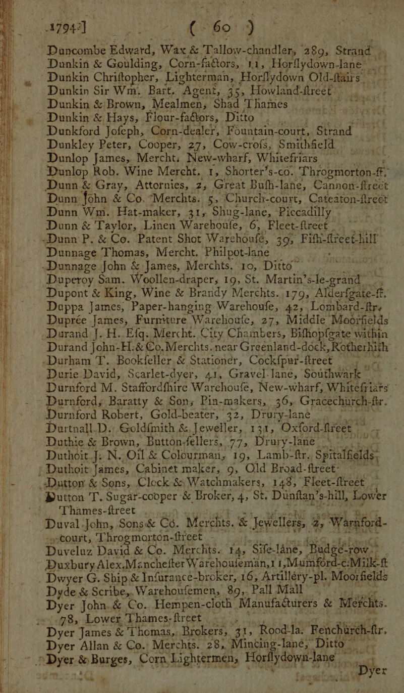Donkin & Goulding, Corn-faétors,. 1.1, Horflydown-lane a Dunkin Chriftopher, Lighterman, Horflydown Old-ftairs a Dunkin Sir Wm. Bart. Agent, 35, Howland- ftreet Dunkin & Brown, ‘Mealmen, Shad ‘Thames ; Dunkin & Hays, Flour- fagtors, Ditto | | Dunkford Jofeph, Corn- dealer, Fountain- court, ra Dunkley Peter, Cooper, 27, Cow-crofs, SmithSeld. Dunlop James, Merchts New-wharf, Whitefriars . Dunlop Rob. Wine Mercht. 1, Shorter’s-co. Thyoktion bh fe f, Dunn & Gray, Attornies,. Z; Great Bufh- lane, Cannon-firect Dunn John & Co. “Merchts. ae Church- -court, Cateaton-ftrect Dunn Wm. Hat-maker, 31, Shug-lane, Piccadilly Dunn & Taylor, Linen Warehoule, 6, Fleet-flreet Dunnage Thomas, Mercht. Philpot-lane Duperoy Sam. Woollen- draper; 19, St. Martin’ ’s-le- aaa : fa sonre & King, Wine & Brandy Merchts. 179, Alderfgate- ft. Dappa James, Paper-hanging Warehoufe, 42,. Lombard-ftr, Duprée James, Furntere Warehoute, 27, Middle ‘Moorfields Durand John-H:& €o,Merchts. near Greenland-dock -Rotherhish ~ Durie David, Scarlet- dyer, 41, Gravel-lane, Southwark Durnford M, Staffordfhire Warchoufe, New-wharf, Whitefriats - Durnfords Baratty & Sons Pin-makers, 36, Gracechurch-itr. Durnford Robert, Gold-beater, 32, Dibty. lane oy Dartnall.D,, Goldfmith &, Jeweller, 131, Oxford. Arcee Duthie & Brown, Buttondellers, 77, Drary-lane \ Duthoit.J. N. Oil & Colourman, 19, Lamb-ftr. Sst button T. Su gar-cooper & ‘Broker, 4, St. Dinftan’ s- hill, fake Thames-ftreet_. court, Throgmarton-ftreet Duveluz David fs Co. Machi. 4, Sife-lane, ates ree ery sae yer ~ a3