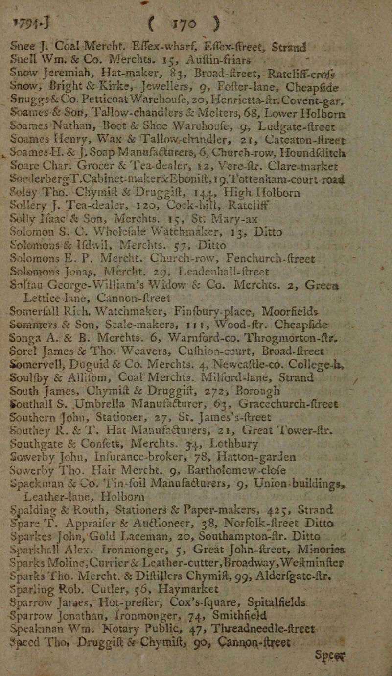 1 a {. w9o 9) > ae Snee J, Coal Mercht, Effex-wharf, Eflex-ftreet, Strand Snell Wm. & Co. Merchts.. 15, Auftin-friars : Snow Jeremiah, Hat-maker, 83, Broad-fireet, Ratcliff. crofe - Snow; Bright & Kirke, Jewellers, 9, Fofter-lane, Cheapiide _ Sruges& Co. Petticoat Warchoufe, 20, Henrietta-fr. Covent-gar, Soames & Son, Tallow-chandlers & Melters, 68, Lower Holborn Soames'Nathan, Boot & Shoe Warehoute, g, Luadvate-fireet , Soames-H. & J. Soap Manufattarers, 6, Chorch-row, Hound@itch Soare Char, Grocer & T ea-dealer, 12, Vere-ftr. Clare-market _Soley_ Tho. Chymit & Drugeitt, 144, High Hotbora Soll lery f. ca dealer, 120,. Cock-hill, Ratcliff Solly Ifaac’ & Son, Merchts. 15, St: Mary-ax Solomon S.-C. Wholefale Watchmaker, 13, Ditto Solomons:& Hdwil, Merchts. 57 Ditto he Solomons E. P. Mercht. Church-row, Fenchurch-ftreet Solenzons Jonas, Mercht. 29, Ebadentall(tirdas ee: Sslfau George-William’s Widow & Ca. Merchts. 2, Green Lettice-lane, Cannon-flreet -Somerfall Rich. Watchmaker, Finfoury-place, Moorfields Sommers & Son, Scale-makers, 111, Wood-ftr.. Cheapfide Songa A. & B. Merchts. 6, Warnford-co. Throgmorton-ftr, — Sorel James & Tho. Weavers, Cufhion-court, Broad-fireet Somervell, Duguid & Co. Merchts. 4, Newcafile-co. College-k, Soulfby & Ailiiom, Coal’ Merchts. Milford-lane, Strand South James, Chymit & Druggiit, 272, Borongh Southall S. Umbrella Manufacturer, 63, Gracechurch- i ciebh Southern John, Stationer, 27, St. James’s-ftreet Southey R. & T. Hat Manufacturers, 21, Great Tower-f ; Southgate & Confett, Merchts. 34, Lothbury Sowerby John, Infurance- broker, 78, Hatton-garden © - Sowerby ‘Tho. at Mercht. 9, Bartholomew-clofe Spackman & Co. Pin-foil Manufa€turers, 9, Union: buildings, pee wa Holborn | Spalding & Routh, Stationers & Paper-makers, 425, Strand Spare I’. Appraifer & Auctioneer, 38, Norfolk-fireet Ditto Sparkes John,'Gold Laceman, 20, Southampton-fir. Ditto.“ _Sparkhall Alex. Tronmonger, 5, Great John-freet, Minories. Sparks Moline; Currier & Leather-cutter, Broadway, Weftminfter Sparling Rob. Cutler, 56, Haymarket. Sparrow Jonathan,. Tronmonger, 74> Smithfield ¢ Speakman Wm. Notary Public, 47, Threadneedle-ftreet. He Tho, Druggift & tien 9° Cannon-fireet: “a / ‘