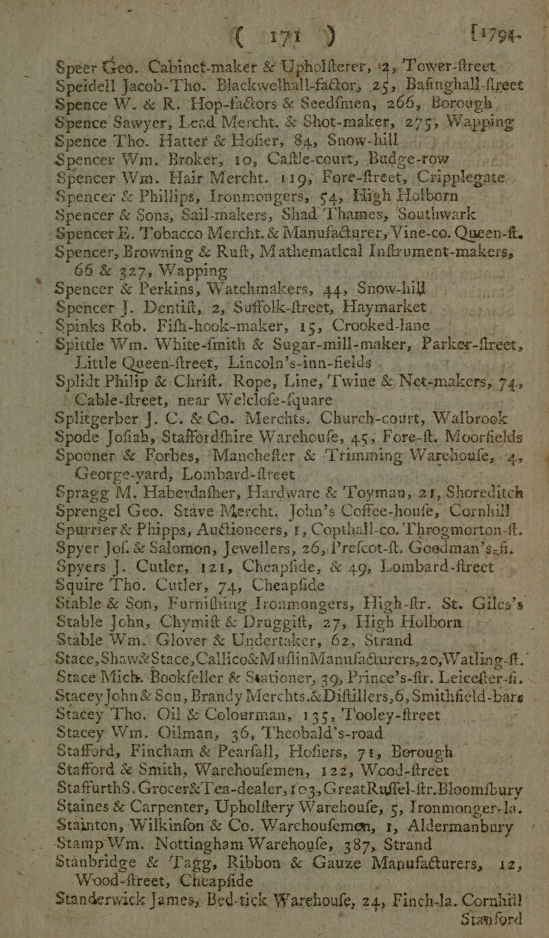 iC crm ’y {4794. Speer Teo. Cabinet- phaket &amp; Upholfterer, By Tower-fireet - Speidell Jacob- Tho. Blackwelhall-fa@or, 2 5, Bafinghall-fireet Spence Sawyer, Lead Mercht. &amp; Shot-maker, 27 5» Wapping Spencer Wm. Hair Mercht. 119, Fore- flreet,. Cripplegate. Spencer &amp; Phillips, Ironmongers, ¢4, High Holborn Spencer &amp; Sons, Sail-makers, Shad ‘T boamtats: ‘Southwark Spencer k. Tobacco Mercht. &amp; Manufa@urer, Vine-co. QOueen-ft. Spencer, Browning &amp; Ruft, Mathematical Inf uments makers 66 &amp; 327, Wapping Spencer &amp; Perkins, Watchmakers, ey Snow- hil Spencer J. Dentift, 2, Suffolk-ftreet, Haymarket Spinks Rob. Fifh-hoek-maker, 15, Crooked-lane Spittle Wm. White-fmith &amp; Sugar-mill-maker, Parker-freet, Little Queen-fireet, Lincoln’s-inn-fields » Cable-ftreet, near Welclofe-iquare Splitgerber J. C. &amp; Co. Merchts. Church-court, Walbrook Spode- Jofiah, Staffordfhire Warehoufe, 45, Fore-ft. Moorfields George-yard, Lombard-flreet Sprengel Geo. Stave Mercht. John’s Coftee- houfe, Cornhill Spurrier &amp; Phipps, Au€tioneers, r, Copthall-co. ‘Throgmorton-ft. Spyer Jof. &amp; Salomon, Jewellers, 26, Prefcot-it, Goodman’s-fi. Spyers J. Cutler, 121, Cheapfide, &amp; 49 Lombard-fireet Squire Tho. Cutler, 74, Cheapfide Stable John, Chymitt &amp; “Drageift, 275 Hich Holborn Stable Wm. Glover &amp; Undertaker, 62, Strand Stacey Tho. Oil &amp; Colourman, 135, Tooley-ftreet Stacey Wm. Oilman, 36, Theobald’s-road Stafford, Fincham &amp; Pearfall, Hofiers, 71, Berough — Stafford &amp; Smith, Warchoufemen, 122, Wood “drdee StaffurthS. Grocer&amp;Tea- dealer,103,GreatRafgfel- fir. Bloomibury Staines &amp; Carpenter, Upholitery Warchoufe, 5, Ironmonger-Ia. Stainton, Wilkinfon &amp; Co. Warchoufemen, 1, Aldermanbury Stanbridge &amp; ‘Tagg, Ribbon &amp; Gauze ManufaGturers, 12, Wood-fireet, Cheapfide ~ Stanford