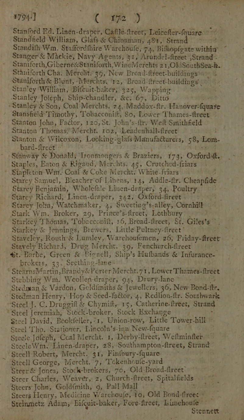~ F794;] Ce) Stanford Ed. Linen. draper, file treet; rahe tedipase’ Standfeld William, Glafs.&amp; Chinaman, 491, Strand | Standifh Wm. Staffordfhire Warchoule, 7, Bithopfgate within’ Stanger &amp; Mackie, Navy Agents, 31, Arundel-freet Strand. Sthniforth Cha. Merclit’ 36, New Broad-ftreet-buildmgsiay Staniforth &amp; Blun€, ‘Misrchtss ‘2, ‘Broad: ftreet- buildings’: Stanley William, Bifcuit-baker; as, Wapping Stanley Joleph, Ship-chandler, &amp;¢. 67, Ditto Stansfield’ Timothy, Tobacconilt, 80, Lower Thames-ftreet Stanten John, Factor, 120, St. John’s-ftr, Weft Smithfield Stanton Thomas! Mereht. 102, ILeadenhall-freet Stanton &amp; Wilcoxon, Looking-elafs: Manufacturers, 58, Lom- bard-flreet’ Staples, Eaton &amp; Rigaud, Merchts: 45, Crutched- friars Starey Samuel, Bleacher’of Libens,’ 14, Addle-ftr. Cheapfide Starey Benjamin, Wholefale Linen- draper; 34, Poultry Starey Richard, Linen-draper, 342, Oxford-fireet : Starey Joln; Watchmaker, 4; Sweeting’s. -alley, Cornhi} : Stark Wm. Broker, 29, Priace’s- flreet, ses ae a Starkey ‘Thomas, Tobacconilt, 16, Broad-fireet, Se. Giles’ ¢°.: Starkey &amp; Jennings, Brewers, Little Pultney-ftreet ” Stavely ‘Richard, Drug Mercht. 39 Fenchurch-flreet brokers, 33,, Seething-lane® tearnsMartin,Brandy&amp;Pert er Mercht. >, Liber TR seep ig Stebbing Wm. Woollen- drapers 94, Drury-lane >. Stedman &amp; Vardon, Geldfmiths &amp; Jewellers, 36, New Bond: tr. Steely. C. Druggift &amp; Chymift, 15, Catherine-freet, Strand tee] David, Bookfeller,°1, Union-row, Little Tower- hill ~ Steel Tho. Stationer, Tincoln’s- inn New-fquare Steele Jofeph, Coal Mercht. 1, Derby- ftreet, Weftminfter SteeleWm. Linen-draper, 28, Southampton-ftreet, atrand” Steell Robert, Mercht. 31, Finfoury-fquare Stcell George, Mercht. 7, ‘Tokenhouie- yard Steer &amp; Jones, Stockbrokers, 70, Old Broad-flreet™ Steer Charles, Weaver, 2, Church- ftreet, Spitalfields Steers: John, Gold{mith, 9, Pall Mall . : Bi. Steers Henry, Medicine Warehoufe, 10, Old Bond- flreet i Steinmetz Adam,’ 8 i -baker, Fore- fireet, Linehonfe Stennett ; ae