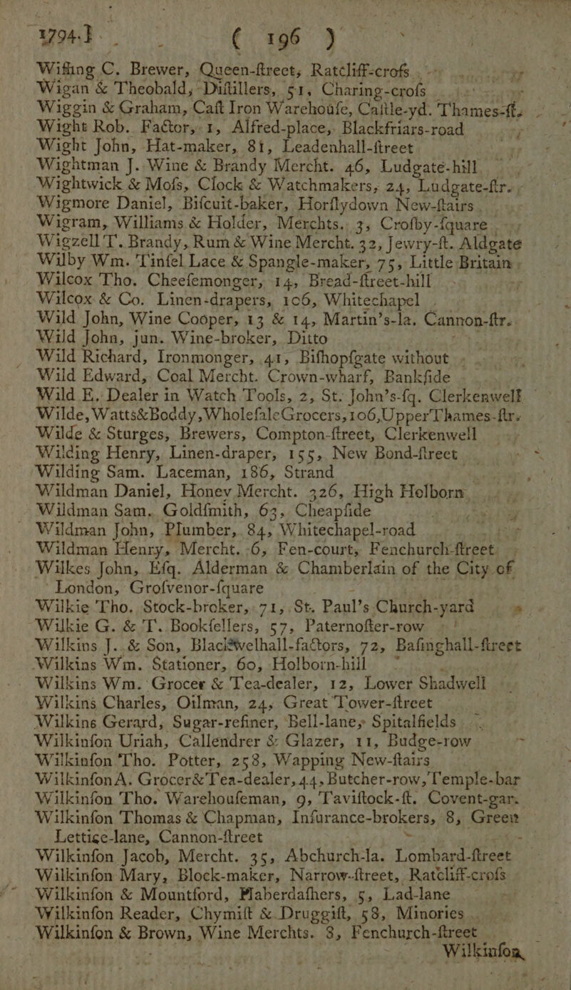 Wifing C, Brewer, Queen-ftrect; Ratcliff-crofs.. -- | Wigan & Theobald, Diiillers, 51, Charing-crofs = - Wiggin & Graham, Caft Iron Warehoafe, Caitle-yd. Thames-ft. . Wight Rob. Factor,.1, Alfred-place,. Blackfriars-road | Wight John, Hat-maker, 81, Leadenhall-fireet Wightman J..Wine & Brandy Mercht. 46, Ludgate-hill Wightwick & Mofs, Clock & Watchmakers, 24, Lu dgate-ftr. ra Wigmore Daniel, Bifcuit-baker, Horflydown New-ftairs . Wigram, Williams & Holder, Merchts. 3, Crofby-fquare Wigzell T. Brandy, Rum & Wine Mercht. 32, Jewry-ft. Aldgate Wilby Wm. Tinfel Lace & Spangle-maker, 75, Little Britain. VE — Wilcox Tho. Cheefemonger, 14, Bread-ftreet-hill Wilcox: & Co. Linen-drapers, 106, Whitechapel . , Wild John, Wine Cooper, 13 & 14, Martin’s-la. Cannon-ftr. Wud John, jun. Wine-broker, Ditto iepets, ) Wild Richard, Ironmonger, 41, Bifhopfgate without . . Wild Edward, Coal Mercht. Crown-wharf, Bankfide Wild E, Dealer in Watch Tools, 2, St. John’s-fg. Clerkenwell Wilde, Watts&Boddy, WholefaleGrocers,106,UpperT hames-fir. Wilde & Sturges, Brewers, Compton-ftreet, Clerkenwell Wilding Henry, Linen-draper, 15 5, New Bond-freet tt Wilding Sam. Laceman, 186, Strand celts yo Wildman Daniel, Honev Mercht. 326, High Holborn Wildman Sam. Gold{mith, 63, Cheapfide ey tis Wildman John, Plumber,.84, Whitechapel-road ap Wildman Henry, Mercht. -6, Fen-court, Fenchurch-fireet — Wilkes John, Efq. Alderman & Chamberlain of the City of London, Grofvenor-fquare ; eaeere Wilkie Tho, Stock-broker, 71, St. Panl’s Church-yard * Wilkie G. & T. Bookfellers, 57, Paternofter-row — | Wilkins J..& Son, Blaci®velhall-fators, 72, Bafinghall-fireet Wilkins Wm. Stationer, 60, Holborn-hill ~ ; Wilkins Wm. Grocer & Tea-dealer, 12, Lower Shadwell Wilkins Charles, Oilman, 24, Great ‘Tower-ftreet Wilkins Gerard, Sugar-refiner, Bell-laney Spitalfields. Wilkinfon Uriah, Callendrer & Glazer, 11, Budge-row i Wilkinfon Tho. Potter, 253, Wapping New-ftairs | WilkinfonA. Grocer&’Tea-dealer, 44, Butcher-row, lemple-bar Wilkinfon Tho. Warehoufeman, 9, Taviftock-{t. Covent-gar. Wilkinfon Thomas & Chapman, Infurance-brokers, 8, Greew Letticse-lane, Cannon-ftreet n¥i . enh ns Wilkinfon Jacob, Mercht. 35, Abchurch-la. Lombard-ftreet Wilkinfon Mary, Block-maker, Narrow-ftreet, Ratcliff-crofs Wilkinfon & Mountford, Flaberdafhers, 5, Lad-lane Wilkinfon Reader, Chymilt & Druggift, 58, Minories. — Wilkinfon & Brown, Wine Merchts. 8, Fenchurch-fireet ss’ 2001 Aah Hab : oe Willsinfon