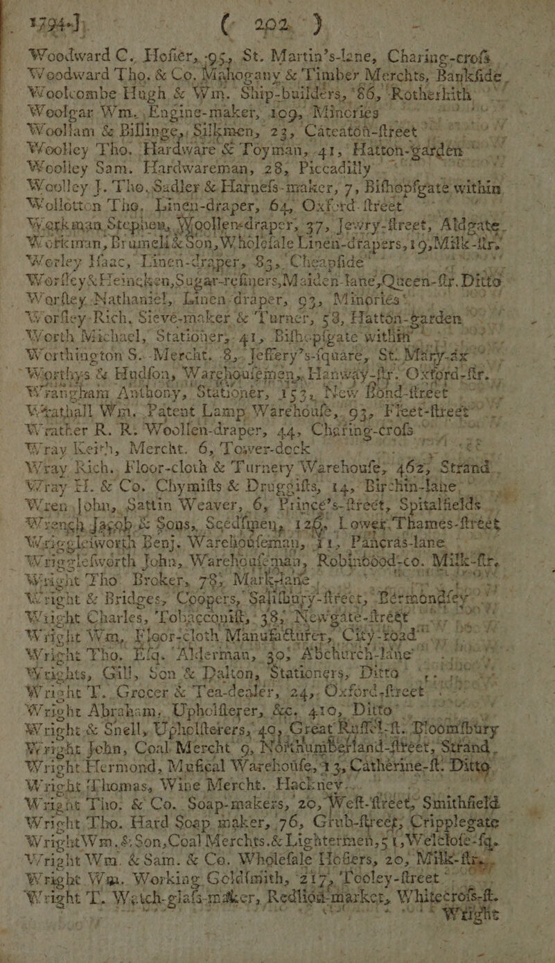 WAGte}) . C 203.) Sa Woodward C., Hofier, - 95. St. Martin’s-lane, Charing-crof Weodward Tho. &amp; Co, ‘Mahogany &amp; ‘Timber. Merchts, Bayi de. Woolcombe Hugh &amp; Win. Ship- -buildérs, ° 86, ‘Rotherkith: © Weolgar Wm. Eagine- maker, 109, Minories | *~ ee cies ~ Woollam &amp; Billinge Si Ikmen, 23, ‘Careaten-npsee y ae Woolley Tho. ‘Har iit tes &amp; Toyman, 41; ‘Hatton. garden wie” VW ey Sam. Hardwareman, 28, Piccadilly Aes Woolley J. Tho, Sadler &amp; Harnefs-maker, 7, Bithopfyate within Wollétton The, ‘Linen- draper, 64, Oxford. ftreet!. ~~ * Werk man, Stepper, | gollenedraper, 37, lewry-ftreet, Aldgate. Wotkorn, Brumeli&amp; Son, W, heletale Linéii-drapers,19,Milk- itr. Werley Haac, Linen- draper, 8 33.5, Cheapfide® ; 4d Worfley&amp; Heineken, Sugar-ref ehners,M aiden. Tane,Queen- fr. Ditto - Ww arfey.: Nathaniel, Linen-draper, 93, Minories’ Worfley-Rich, Sieve-maker &amp; “Turner, 53, Hattéa- Barden © Worth Michael,” Statioi ner, 4L, Bulhe pigate witht - 5 Pea, Worthington S..-Mercht,. 8. . Jefiery’s-iquare, St. Aled apes . “Wiorthys § &amp; Hudfon, Warghouteinen, Hanway fr. Otord | fir. ! W gan gham Anthony, Stationer, ig ote New Bond: firéet ah % %athall iL Win, Patent. Lamp. Warehoule,” 93, 'Fieet- freee” eins Wrather R. R: ‘Woollen- draper, AA» Cheiting-<¢ crofs * pic Pee Wray Kein, Mercht. 6, Towwer-dock MRE. 3 2 Wray Kich., Floor-cloth &amp; Turn retry Warehoufe, 482, Strand, Wray El. &amp; Co. Chymitts &amp; Drugsifts, 14, ‘Birchin-fane; © ie Wrens John, Sattin Weaver, 6, Princé’s-frect, $ italfields | AAT y cengh Jagah &amp; &amp; Sons, Scedfipen,. 126, Lower. ‘Thames- freee W, figgle iworth Benj. Warehosfeman, “gis Pa aacras- ‘ane. WW rig slefworth John, Wareh oufeman Robin ndood:co. Mit: fr, bi isight Tho: Broker, 73, ‘Markelatic a reed oe , eright 8 Bridges, Coopers, “Salihayy- ftrect;* iss anh Waight Charles, Tobaccanitt, 38). ‘New'gate-! itréet — 6b Bont i t % rg tie 4 ry 7 WwW right Wm, &amp; Igor :cloth, Manuméturer,. City e tobe pera. 5 Wright ho, ul. ‘Alderman, 30; Abchurch. line’! ES Pee: Wriehts, Gill, Son &amp; Dalton, Stationers, Ditto’ tnd ine he: se Sy Wright TT’. Grocer &amp; Tea-dealer, 24>: Oxford, mate ; | Wright Abraham, Upholflerer,, Rg, 410, “Ditto” ~ alga 0r ets Wight &amp; Snell, Upheliterers,’ 40 Great Raft. Bloomibury Wy Fi oht Jebn, Coal Mercht ‘9, Ne inant and-fiteet, Strand . Wr ight ‘Hermond, Mefigal Warehonie,: q 3s Catherine- ft: : ae . Wright ‘Lhomas, Wine Mercht. Hack nevi. deel Wright Tho; &amp; Co... Soap-makezs, ‘26, Welt- Aides Sitheld : Wright, Tho. Hatd Soap maker, 76, Grub-ftreep;. ee WrightWm, &amp; Son,Coal Merchts. &amp;Li ehtetinen,§ LY atk {e: qd Wright Wm. &amp; Sam. &amp; Ca. Wholetile HoBers, 2 20, “Miik. ad Wright Wm. Workiag Géld{mith, 21 ve To oodley -freet ©. cde Weight T. We ich. ‘gla maker, Realiga’ ihaskst, Hea {