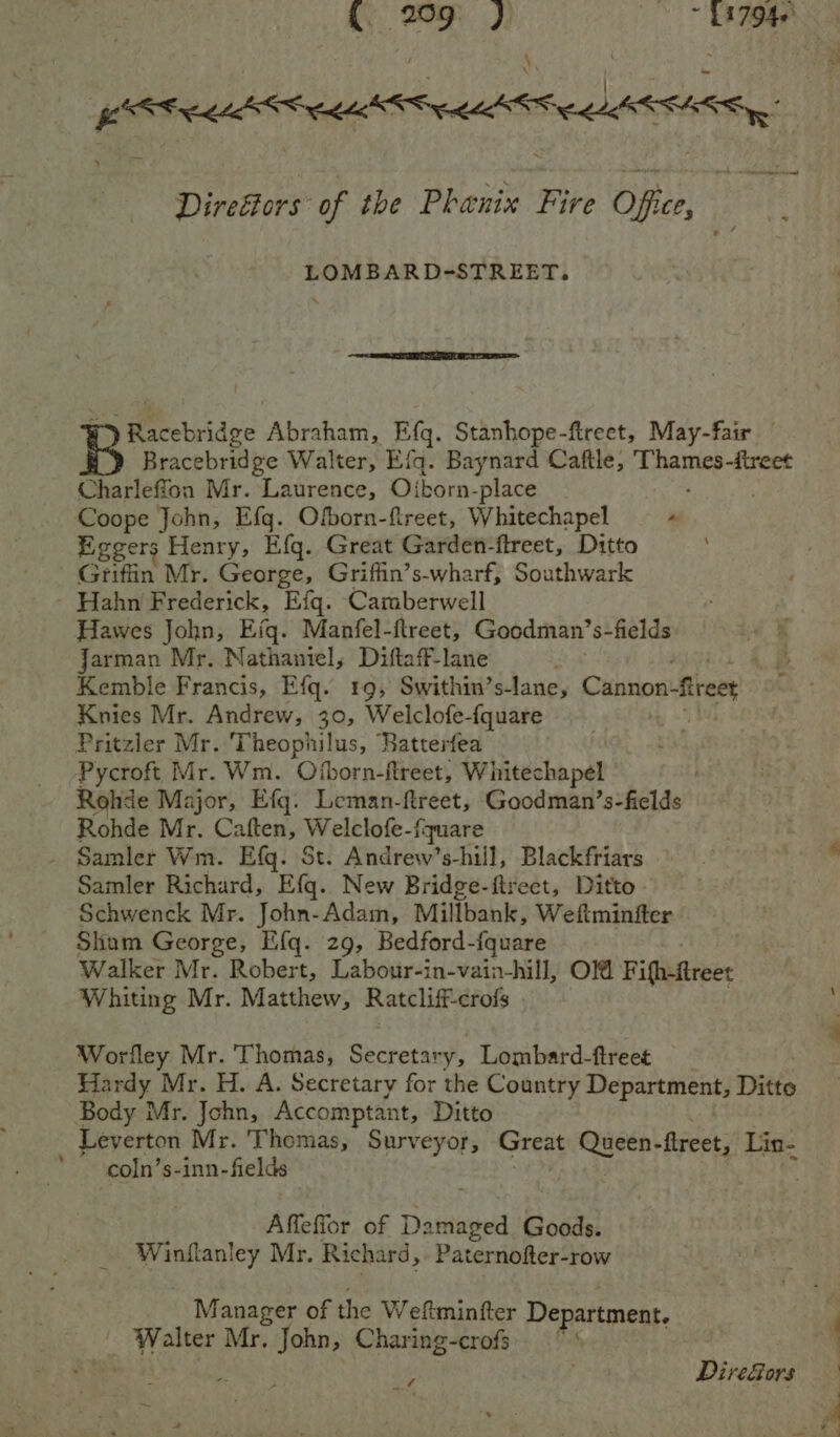 ¢ heii: ) Ht Bike | hiahor Po Cl tte LEIS te ewe met * Direéfiors of the Phanix Fire Office, LOMBARD-STREET. Racebridge Abraham, Bfq. Stanhope-fireet, May-fair Bracebridge Walter, Efq. Baynard Caftle, aie: direet Charlefioa Mr. Laurence, Oiborn-place Coope John, Efg. Ofborn-ftreet, Whitechapel — + Eggers Henry, Efg. Great Garden-fireet, Ditto ‘ Hahn Frederick, Efq. Camberwell Hawes John, E(q. Manfel-ftreet, Goodman’s-fields , Jarman Mr. Nathaniel, Diftaff-lane Shek i fe Kemble Francis, Efq. 19, Swithin’s-lane, Cannon-fireet Knies Mr. Andrew, 30, Welclofe-fquare . Pritzler Mr. Theophilus, Ratterfea Pycroft Mr. Wm. Ojborn-flreet, Whitechapel Rohde Major, Efg. Leman-ftreet, Goodman’ shale Rohde Mr. Caften, Welclofe-f -fquare Samler Richard, Efg. New Bridge-fireet, Ditto Schwenck Mr. John-Adam, Millbank, Wellminiter Sham George, Efq. 29, Bedford- {quare Walker Mr. Robert, Labour-in-vain-hill, OM Fifh-ftreet Whiting Mr. Matthew, Ratclift-crofs ! Worfley Mr. Thomas, Secretary, Lombard-ftreet Hardy Mr. H. A. Secretary for the Country Department, Ditis Body Mr. John, Accomptant, Ditto Leverton Mr. Thomas, Surveyor, Great Queen-flreet, Lin- coln’s-inn- fields | Affeffor of TS pileeed Goods. Winflanley Mr. Richard, Paternofter-row Manager of the Weftminfter Department. s aa Mr. John, Charing-crofs. *' ae DireGors