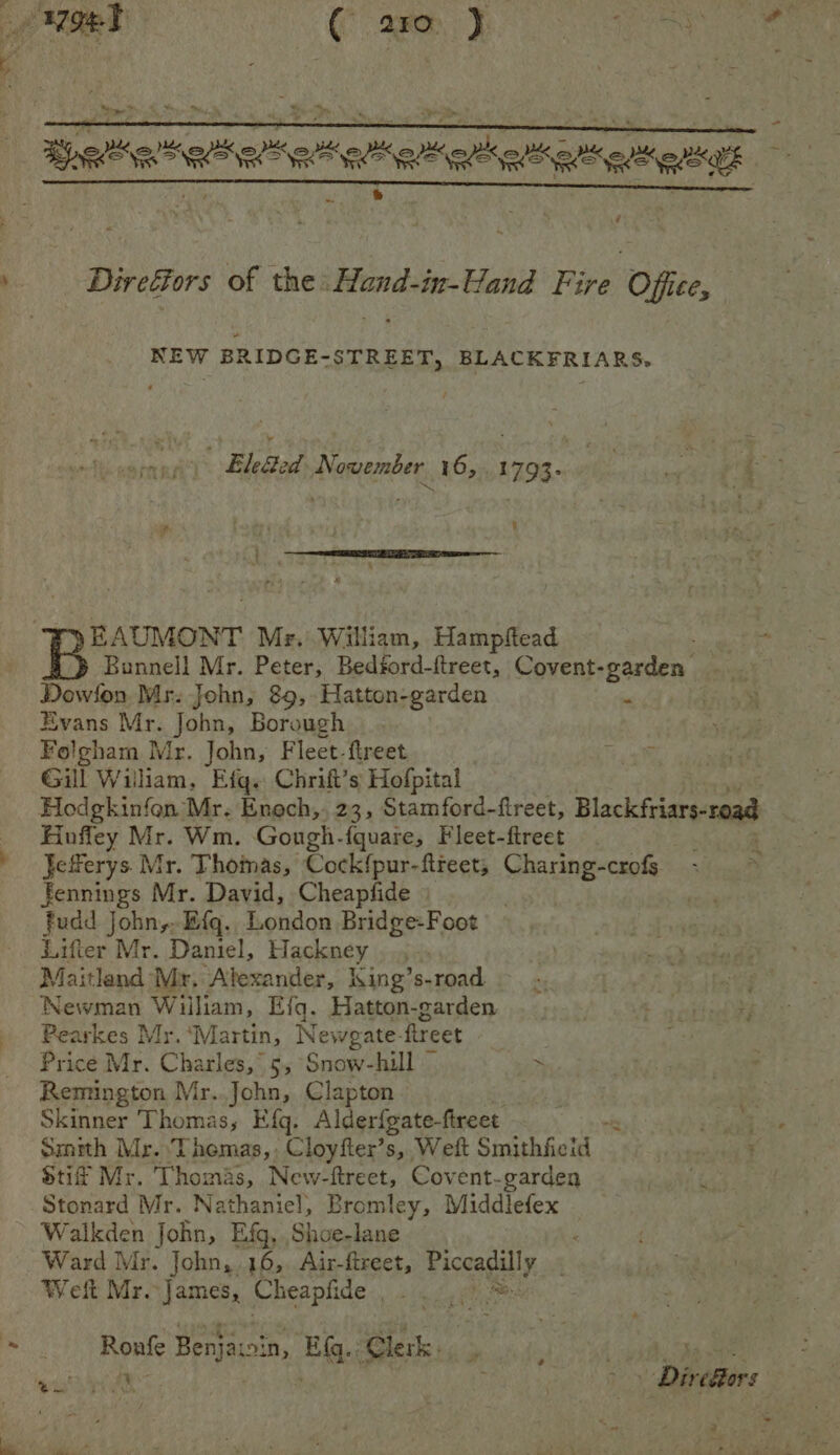 Direffors of the: Hand-in-Hand Fire Office, NEW BRIDGE-STREET, BLACKFRIARS. | Eleed November 16, 1793» yYEAUMONT Mg. William, Hampiftead Bunnell Mr. Peter, Bedtord-ftreet, Covent- -garden. Dowfon Mr: John, 89, Hatton-garden . Evans Mr. John, Borough Folgham Mr. John, Fleet. ftreet : Gill Wiliam, Efg. Chrift’s Hofpital Hodgkinfon Mr. Enoch, 23, Stamford-fireet, Blackfriars-road Hoffey Mr. Wm. Gough-fquare, Fleet-ftreet Jefferys. Mr. Thomas, Cockfpur- fireet, Charing-crofs fennings Mr. David, Cheapfide fudd John,,E{q.. London Bridge-Foot Lifter Mr. Daniel, Hackney Maitland Mr. Atexander, King’s-road. Newman Wiliam, Efq. Hatton-garden Pearkes Mr. ‘Martin, Newgate ireet Price Mr. Charles,” 5, SAF: hill — ~ Remington Mr..John, Clapton Skinner Thomas, Efg. Alderfgate-fireet 2 Smith Mr. Themas,, Cloyfter’s, Weft Smithfield St Mr. ies New-ftreet, Covent- garden Stonard Mr. Nathaniel, Bromley, Middlefex Walkden John, Efg, .Shoe-lane < Ward Mir. John, 16, Air-fireet, Piccadilly Weft Mr.. James, Cheapfide eee eee Ronafe Benjainin, Ef. Clerk. . Wee ee phe amet aie 8 : ) Dire&amp;ors