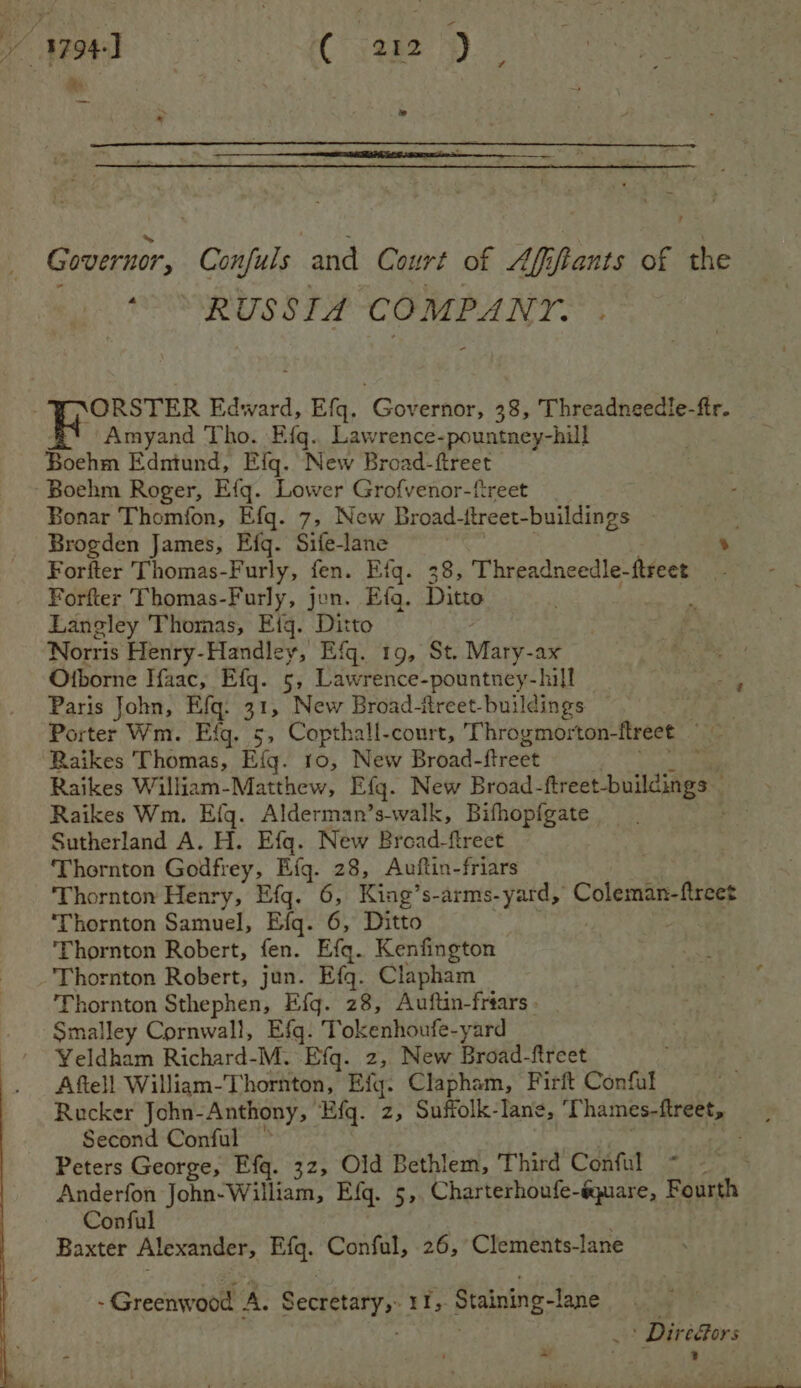 dea OO AC ape Governor, Confuls and Court of Affifiants of the ‘ RUSSTA COMPANT. ‘ORSTER Edward, Efq. Governor, 38, Threadneedle-ftr. Amyand Tho. Efq.. Lawrence-pountney-hill Boehm Edniund, Efgq. New Broad-ftreet Boehm Roger, Efq. Lower Grofvenor-freet Bonar Thomfon, Efq. 7, New Broad-ttreet-buildings Brogden James, Efg. Sife-lane Forfter Thomas-Furly, fen. Efg. 38, Threadneedle-ftreet Forfter Thomas-Furly, jon. Efg. Ditto Langley Thomas, Eiq. tito Norris Henry-Handley, Efq. 19, St. Mary- ax Otborne Ifaac, Efg. 5, Lawrence-pountney-hill Paris John, Efq. 31, New Broad-freet- buildings ay ys Porter Wm. Eig. 5, Copthall-court, Throgmorton-fireet Raikes Thomas, Efg. 10, New Broad- ftreet ; Raikes William-Matthew, Efg. New Broad- ftreet-buildings Raikes Wm. Efg. Alderman’s-walk, Bifhopfgate me Sutherland A. H. Efq. New Broad-flreet Thornton Godfrey, Efg. 28, Avuftin-friars Thornton Henry, Efqg. 6, King’s-arms-yard, Coleman-ftreet ‘Thornton Samuel, Efq. 6, Ditto Thornton Robert, fen. Efq. Kenfington Thornton Robert, jun. Efq. Clapham Thornton Sthephen, Efg. 28, Auftin-friars - Smalley Cornwall, Efq. Tokenhoufe-yard Yeldham Richard-M. Efq. z, New Broad-fircet Aftell Willigm-Thornton, Efg. Clapham, Firft Confal Rucker John- Anthony, Efq. z, Suffolk-lane, ‘Thames-ftreet, Second Conful © Peters George, Efg. 32, Old Bethlem, Third Conful : Anderfon John-William, Efg. 5, Charterhoufe-équare, Fourth. Conful Baxter Alexander, Efg. Conful, 26, Clements-lane - Greenwood A. Secretary, rT, Staining-lane . . - Diredors 8 - j ~ Oteiee. r a bt Kk,