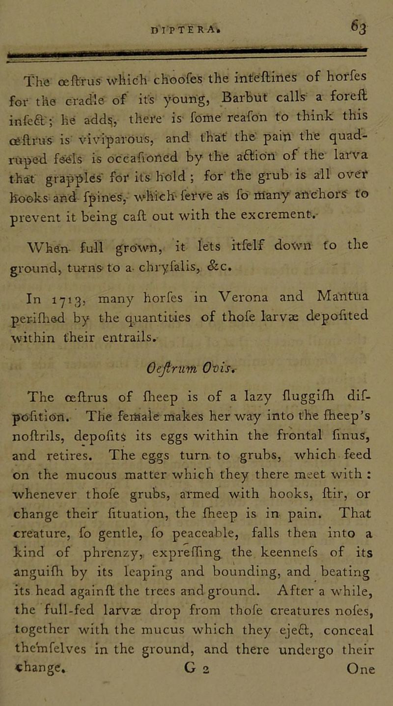 The oeftrus which choofes the inteftines of horfes for the cradiei of its young, Barbut calls a foreft infe£t'; lie add^, there is- fome reafon to think this oeftrus is vivi'parous, and that the paiil the quad- ruped. feels is occafioried by the aftidn of the larva that grapples for its hold ; for the grub is all over hooks^ and fpines,- which- ferve aS fo many anchors to prevent it being caft out with the excrement.- When- full grown, it lets itfelf down to the ground, turns to a- chryfalis, &c. In 1713, many horfes in Vei'ona and Mantua periflisd by the quantities of thofe larvae depofited within their entrails, Oejtrum Ovis, The ceftrus of fheep is of a lazy fluggifh dif- pofitiort. The female makes her way into the fheep’s noftrils, depoftts its eggs within the frontal finus, and retires. The eggs turn to grubs, which feed on the mucous matter which they there meet with ; whenever thofe grubs, ai'med with hooks, ftir, or change their fttuation, the fheep is in pain. That creature, fo gentle, fo peaceable, falls then into a kind of phrenzy, exprefting, the keennefs of its anguiflr by its leaping and bounding, and beating its head again ft the trees and ground. After a while, the full-fed larvae drop from thofe creatures nofes, together with the mucus which they ejefl;, conceal themfelves in the ground, and there undergo their change. G 2 One