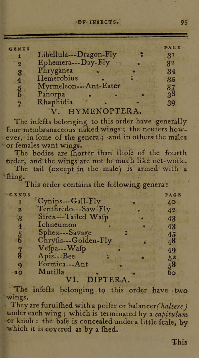 Libellula—Dragon-Fly ; PACE 31 Ephemera—Day-Fly . 32 Fhryganea . . 34 Hemerobius . : 3S Myrmeleon—Ant-Eater 37 Panorpa . . • 38 Rhaphidia ‘V. HYMENOPTERA. 39 The infefts belonging to this order have generally Four membranaceous naked wings ; the neuters how- ever, in fome of the genera ; -and in others the males or females want wings. The bodies are {horter than thofe of the fourth Order, and the wings are not fo much like net-work. The tail. (except in the male) is armed with a •'Hing. This order contains the followirig genera: 1 ^Cyhips—Gall-Fly , 40 2 Tenthredo—Saw-Fly . 42 .3 Sirex—Tailed Wafp • 43 4 Ichneumon . • 43 5 Sphex—Savage I 45 6 Chryfis—Golden-Fly * 48 7 Vefpa—Wafp ; 49 8 Apis—Bee v • 52 9 Formica—Ant 58 40 Mutilla . , 60 VI. DIPTERA. The infefts belonging to this order have .two wings. They are furuifhed with a poifer or hahncer^/ialtereJ under each wing ; which is terminated by a capitulum or knob : the bafe is concealed under a little fcale, by which it is covered as by a fhed. This