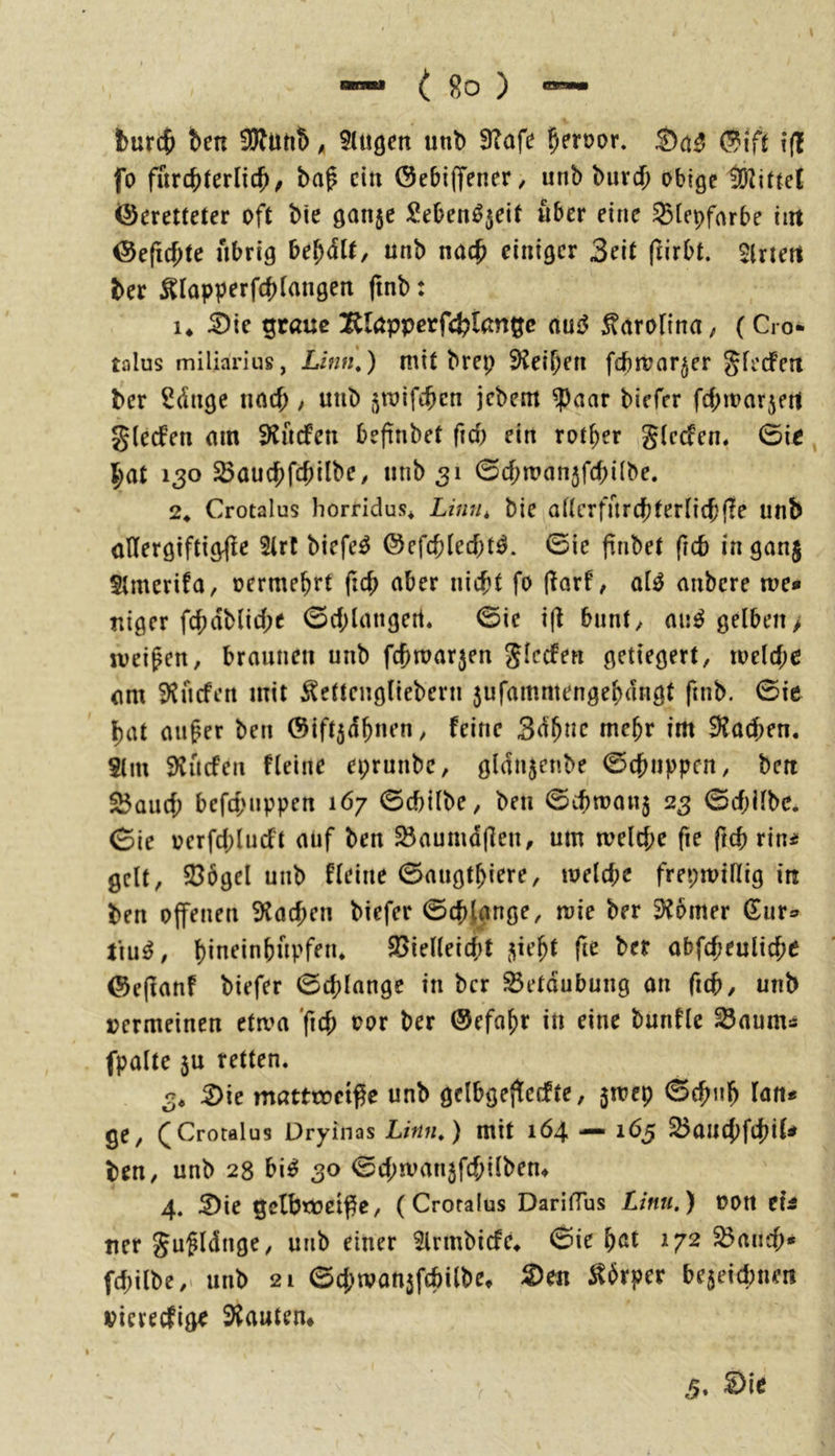 burc& ben SWutib ^ Slugen unt) 3?afe b^roor. S)ct5 (3\(t t(l fo fnrcbferlicb/ bap ein öebiffener, unb burcf; obige (Geretteter oft bte 901156 Seben^5eit über eine ^[epfnrbe int ©efiebte übrig U^it, unb noch einiger Seit ftirbt. Giriert ber ^lopperfcbiangen finb: I4 iDie graue !RIapperfd?iangc aui5 Carolina; (Cro- talus miliarius, Linn,) mit brep ^t\\)n\ fd)n?ar5er gfecfcri ber Adlige noeb ; unb 5mifibcn jebem ^oor biefer fc(;tt>ar5ert glecfen om 3iiicfen befinbet fid) ein rotier gteefen, 0ie, bot 130 ^aucbfcbilbe, unb 31 0cf;mon5f(bi(be. 2* Crotalus horfidus* Linn, bie aftcrfurcbterticbfle unb olTergiftig^le 5irC biefe^ ©cfcblecbtö. ©ie finbet ficb in gon§ Stmerifo, oerme^rt f^cb ober nicht fo (lorf, ot^ onbere m» tiigcr fchdbliche ©chlongert, ©ic i(l bunt/ ou^ gelben; meinen, braunen unb fchmor5en Jlccfen getiegert, roe(cf;e om ^uefen mit Äettcngliebern 5ufammengehdngt fnib. ©ie bot ouper ben ®ift5dhnen; feine Sd^nc mehr im ^odben. 5lm 9Cucfen fleine eprunbe, gldii5enbe ©ehnppen, ben 33aucf; befchnppen 167 ©ebilbe, ben ©cbmQn5 23 ©cf;llbc. ©ie verfd;lucft auf ben ^aumd(lcn, um me(d;e fie ficb rin^s gelt, 5öögel unb fleine ©angthiere, meld;e frepmiHig iti ben offenen iKachen biefer ©chlonge, mie ber Corner Gur^» jiu^, 93iellei4)t 5teht fie ber obfd;euliche (Gefianf biefer ©chlange in ber Betäubung an fich/ unb »ermeinen etwa 'fn^ ber (Gefahr in eine bnnfle ^aum* fpalte 5U retten. 3. 5)ie matttoeiße unb gelbgeffecfte, 5mcp ©ehuh lun* ge, (Crotalus Dryinas L/««.) mit 164 — 165 ^auchfchiU ben, unb 28 bi^ 30 ©d;man5fd;ilben4 4. S)ie gclbtoei^c, (Crotalus DarilTus Limi.) oon eh iter Ju^ldnge, unb einer Slrmbicfe* ©ie hßt 172 5ßaucb» fchilbe,' unb 21 ©chtPon5fcbilbe, 2)en 5t6rper be5eicbnm viereefige Stauten* 3. ^Ic