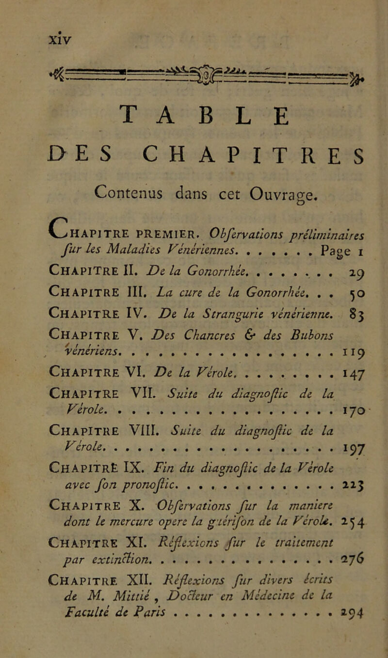 TABLE DES CHAPITRES Contenus dans cet Ouvrage. Chapitre premier. Obfervations préliminaires fur Les Maladies Vénériennes Page i Chapitre II. De la Gonorrhée zp CHAPITRE lit. La cure de la Gonorrhée. . . 50 CHAPITRE IV. De la Strangurie vénérienne. 83 Chapitre V. Des Chancres & des Bubons vénériens. 119 Chapitre VI. De la Vérole 147 CHAPITRE VII. Suite du diagnoflc de la Vérole 170 Chapitre VIII. Suite du diagnoflc de la Vcroie 197 Chapitré IX. Fin du diagnoflc delà Vérole avec fon pronoflc. 213 Chapitre X. Obfervations fur la maniéré dont le mercure opéré la gtérifon de la Vérole. 254 CHAPITRE XI. Réflexions fur le traitement par extinction . 276 Chapitre XII. Réflexions fur divers écrits de M. Mittié , Docteur en Médecine de la Faculté de Paris 294