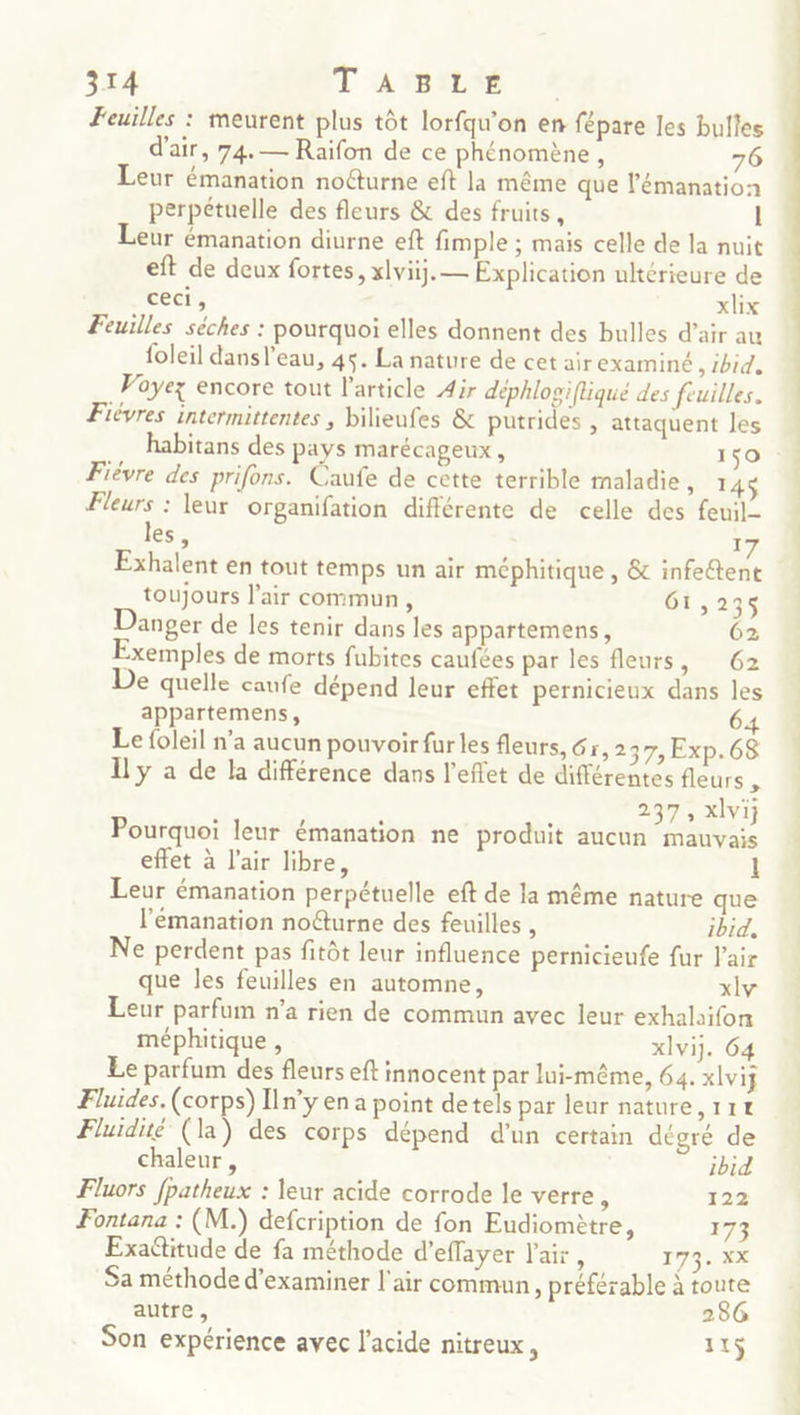 Feuilles : meurent plus tôt lorfqu’on en fépare les bulles d'air, 74. — Raifon de ce phénomène, 76 Leur émanation nocturne eft la même que l’émanation perpétuelle des fleurs & des fruits, Leur émanation diurne eft fimple ; mais celle de la nuit eft de deux fortes, xlviij. — Explication ultérieure de ceci, xlix Feuilles sèches : pourquoi elles donnent des bulles d’air au foleil dansl'eau, 45. La nature de cet air examiné ,1bid, Voyez encore tout l’article Air déphlogiftiqué des feuilles. Fièvres intermittentes , bilieufes & putrides , attaquent les Fiévre des prifons. Caufe de cette terrible maladie SATA Fleurs : leur organifation différente de celle des feuil- les, I 7 Exhalent en tout temps un air méphitique, & infeftent toujours l'air commun, ot , 295 Danger de les tenir dans les appartemens, 62 Exemples de morts fubites caufées par les fleurs, 62 De quelle caufe dépend leur effet pernicieux dans les appartemens, 64 Le foleil n’a aucun pouvoir furles fleurs, 61,237, Exp.68 Il y a de la différence dans l'effet de différentes fleurs, 237, xlvij Pourquoi leur émanation ne produit aucun mauvais effet à l'air libre, 1 Leur émanation perpétuelle eft de la même nature que l’émanation nofturne des feuilles , ibid, Ne perdent pas fitôt leur influence pernicieufe fur l'air que les feuilles en automne, xlv Leur parfum n’a rien de commun avec leur exhalaifon méphitique , xlvij. 64 Le parfum des fleurs eft innocent par lui-même, 64. xlvif Fluides. (corps) [n’y en a point detels par leur nature, 11t Fluidité (la) des corps dépend d'un certain dégré de chaleur , ibid Fluors fpatheux : leur acide corrode le verre, 122 Fontana : (M.) defcription de fon Eudiomètre, 173 Exa@itude de fa méthode d’eflayer l'air, 173. XX Sa méthode d'examiner l'air commun, préférable à toute autre, 286 Son expérience avec l'acide nitreux, 115