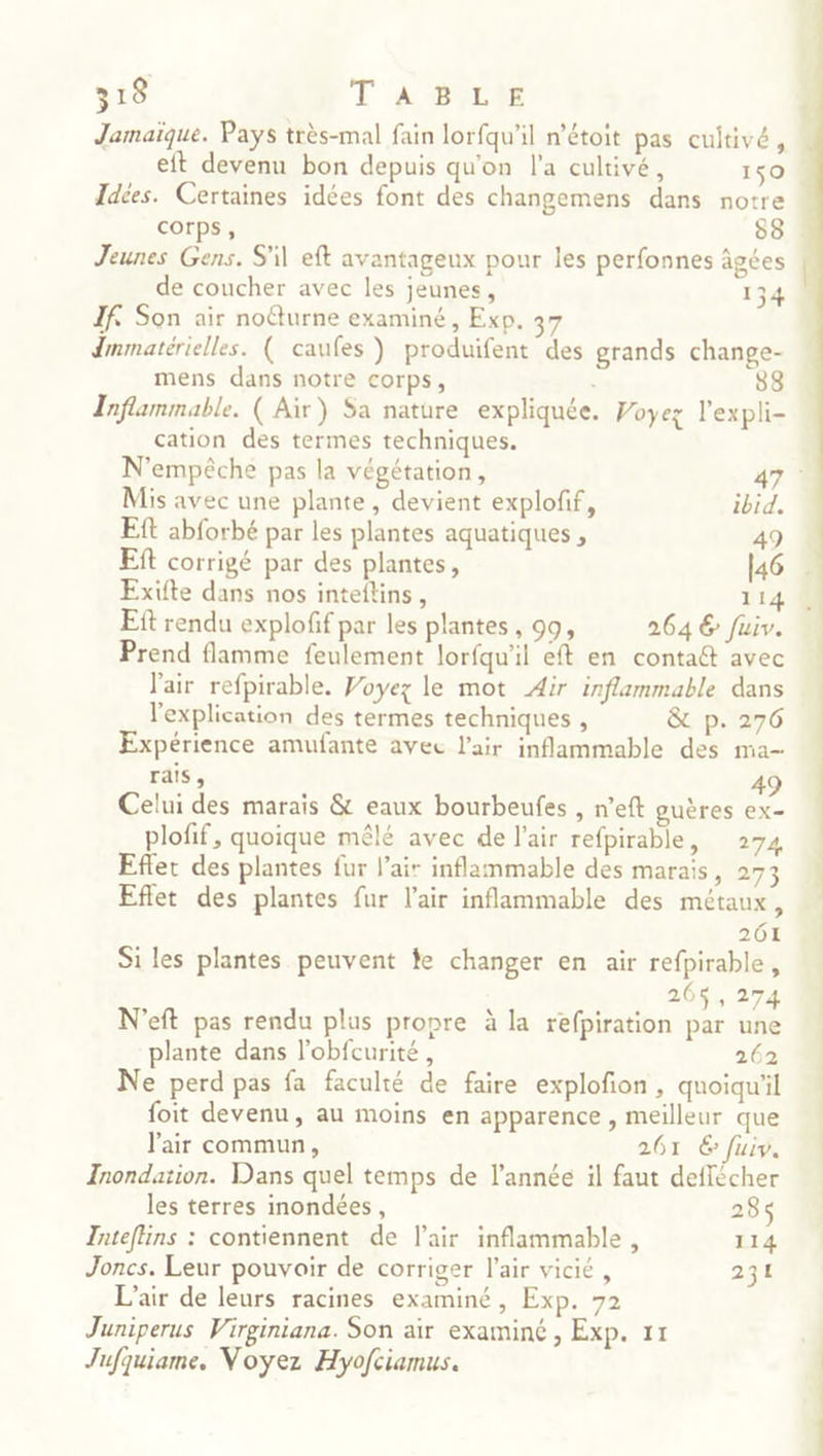Jamaïque. Pays très-mal fain lorfqu'il n’étoit pas cultivé, eft devenu bon depuis qu'on l'a cultivé, 150 Idées. Certaines idées font des changemens dans notre corps, 88 . Jeunes Gens. S'il eft avantageux pour les perfonnes âgées de coucher avec les jeunes, 134 If. Son air noëturne examiné, Exp. dmmatérielles. ( caufes ) produifent des grands change- mens dans notre corps, 8 Inflammable. ( Air) Sa nature expliquée. Voyez l'expli- cation des termes techniques. N'empêche pas la végétation, 47 Mis avec une plante, devient explofif, ibid. Eft abforbé par les plantes aquatiques , 49 Eft corrigé par des plantes, 146 | Exiüte dans nos inteflins, 114 % ER rendu explofif par les plantes, 993 264 € fuiv. Prend flamme feulement lorfqu'il eft en contaét avec l'air refpirable. Voyez le mot Air inflammable dans l'explication des termes techniques , & p. 276 Expérience amufante avec l’air inflammable des ma- rais, 49 Celui des marais & eaux bourbeufes , n’eft guères ex- plofif, quoique mêlé avec de l'air refpirable, 274 Eflet des plantes fur l'air inflammable des marais, 273 Eflet des plantes fur l'air inflammable des métaux, 261 Si les plantes peuvent te changer en air refpirable, 265, 274 N'eft pas rendu plus propre à la refpiration par une plante dans l’obfcurité, 262 Ne perd pas fa faculté de faire explofon, quoiqu'il foit devenu, au moins en apparence , meilleur que l'air commun, 261 € fuiv, Inondation. Dans quel temps de l’année il faut deflécher les terres inondées, 285 Inteflins : contiennent de l'air inflammable, 114 Joncs. Leur pouvoir de corriger l'air vicié, 231 L'air de leurs racines examiné, Exp. 72 Juniperus Virginiana. Son air examiné, Exp. 11 Jufquiame. Voyez Hyofciamus.