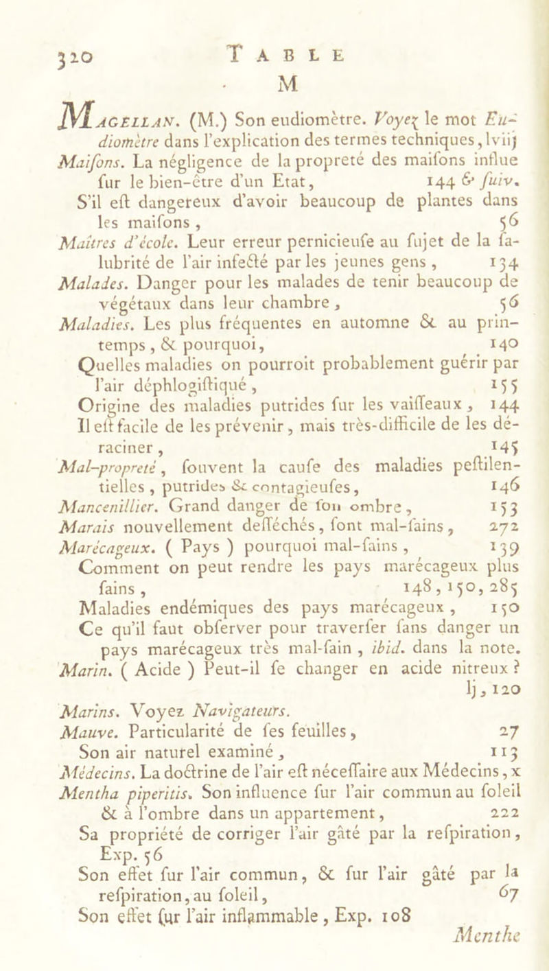 M Macsiran. (M.) Son eudiomètre. Voyez le mot Æu- diomètre dans l'explication des termes techniques, lviiÿ Maifons. La négligence de la propreté des maïfons influe fur le bien-être d’un Etat, 144 6 fuiv. S'il eft dangereux d’avoir beaucoup de plantes dans les maifons, Maitres d’école. Leur erreur pernicieufe au fujet de la fa- lubrité de l'air infeété par les jeunes gens, 134 Malades. Danger pour les malades de tenir beaucoup de végétaux dans leur chambre , 6 Maladies, Les plus fréquentes en automne &amp; au prin- temps , &amp; pourquoi, 140 Quelles maladies on pourroit probablement guérir par l'air déphlosiftiqué , 155 Origine des maladies putrides fur les vaifleaux , 144 Il eft facile de les prévenir, mais très-difficile de les dé- raciner , 145$ Mal-propreté, fouvent la caufe des maladies peftilen- tielles , putrides 8c contagieufes, 146 Mancenillier. Grand danger de fon ombre, 153 Marais nouvellement defféchés, font mal-fains, 272 Marécageux. ( Pays ) pourquoi mal-fains , 139 Comment on peut rendre les pays marécageux plus fains , 148,150, 285 Maladies endémiques des pays marécageux, 150 Ce qu'il faut obferver pour traverfer fans danger un pays marécageux très mal-fain , ibid. dans la note. Marin. ( Acide ) Peut-il fe changer en acide nitreux ? j , 120 Marins. Voyez Navigateurs. Mauve. Particularité de fes feuilles, 27 Son air naturel examiné , 113 Médecins. La do@rine de l’air eft néceflaire aux Médecins, x Mentha piperitis, Son influence fur l'air commun au foleil &amp; à l'ombre dans un appartement, 222 Sa propriété de corriger l'air gâté par la refpiration, Exp. 56 Son effet fur l'air commun, &amp; fur l'air gâté par la refpiration, au foleil, (d Son effet {ur l'air inflammable , Exp. 108 Menthe