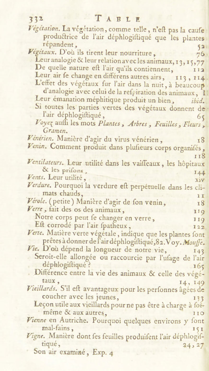 Végétation. La végétation, comme telle, n’eft pas la caufe! produétrice de l'air déphlogiftiqué que les plantes: répandent , 52: Végétaux. D'où ils tirent leur nourriture, 761 Deus analogie &amp; leur relationavecles animaux, 1 3525577 De quelle nature eft l'air qu’ils contiennent, 112 Leur air fe change en différens autres airs, 1 13, 1148 L'effet des végétaux fur l'air dans la nuit, à beaucoup d’analogie avec celui de la refpiration des animaux , Leur émanation méphitique produit un bien, ibid.w Si toutes les parties vertes des végétaux donnent de* l'air déphlogiftiqué, 6 Voyez auf les mots Plantes, Arbres, Feuilles, Fleurs ,\ Gramen. VWénérien. Manière d'agir du virus vénérien, 18 Venir. Comment produit dans plufieurs corps organifés 4 ai Ventilateurs. Leur utilité dans les vaifleaux , les hôpitaux &amp; les prifons, 144 Vents. Leur utilité, xiv Verdure. Pourquoi la verdure eft perpétuelle dans les cli- mats chauds, 1E Vérole. (petite) Manière d'agir de fon venin, 18 Verre , fait des os des animaux, 119 Notre corps peut fe changer en verre, 119 Eft corrodé par l'air fpatheux, 122, Verte. Matière verte végétale, indique que les plantes font prêtes à donner de l'air déphlogiftiqué,82.V oy. Mouffe. Vie. D’où dépend la longueur de notre vie, 143 | Seroit-elle allongée ou raccourcie par l'ufage de l'air déphlogiftiqué ? 16$ . Différence entre la vie des animaux &amp; celle des végé-\ taux , 14, 149 Vieillards. S'il eft avantageux pour les perfonnes âgées de | coucher avec les jeunes, 133. Leçon utile aux vieillards pourne pas être à charge à for- * même &amp; aux autres, 110. Vienne en Autriche. Pourquoi quelques environs y font. mal-fains , IS Vigne. Manière dont fes feuilles produifent l'air déphlogif- tiqué ’ 34 » 2 Son air examiné, Exp. 4