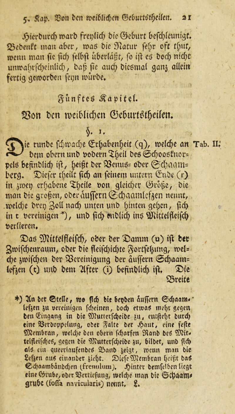 Jpievbuvd) tvavb freytid) bic ©e&urt befdjleumgt. Siebente mau aber, ma£ bic Statur fe^r oft tljuf, n>cnu man ftc fid> felbjt überlaß, fo ift es’ bod) ntd;t unn?a()rfd;)einlid), ba£ fie aud) bieämal gan$ allein fertig geworben fct;n mürbe* fünftes Äapitef. SSon ben n>ci6ftd;cn ©e&wlSt&etfen* §♦ u ^§S\e runbe fd>n)ad;e <£f^a&ers^eit (q), weldje an Tab. Ii; bem obern unb oobern %fjeil beö ©d)ooofnor= pel6 6efinblid> ift, f)et£t ber Benu$= ober 0d)aam= borg. $)iefer t()eut fld) an feinem untern Grube (r) in jmctj erhabene C£l)ci(e oon gleicher ©ro£e, bie man bie großen, ober duffem ©d)acunlef$en nennt, wekfye bret) 3^11 nadj unten unb feinten gelten, \\d) int bereinigen*), unb ftci> mblid) im? ^Kittelßeifd) verlieren* mWtifti, °'0er ber ©amm (u) ift btt 3mifd)enraum, ober bie fleifd)id)te Sortfe|itng, roel= d)e jmifcfyen ber Bereinigung ber auffern @d}aam= lefjen (t) unb bem Elfter (i) beftnblid) iji ®ic Breite > S' t 4 \ ■ . + *• , • I *) 3(n ber 0te(Ie, we (leb bie Serben ^ufTern ©djaam** lefjen veveintgen fd)eitien, bod) etvoaö m?l)t gegen ben C^ingan^ in bte ?Ö?utterfc^etbe ja, ent.(M)t tmtd) eine Verboppelung, ober Saite ber ^aut, eine fefte Membran, roeld>e ben obern fdjarfen Sftanb beS iDftt* telfleifd)e$, gegen bie ^uttevfdjeibe &u, bilbet, unb ftd) ot$ ein queevlaufenbeö $5aub &eigt, wenn man bie £efjen aw$ einanbet jiefjt. SMefe Membran f)ei(}t ba$ 0d)aambanbd)en (fremilum), hinter bemfelben liegt eine Cjjvube, ober Vertiefung, welche man bie ©CbaatU* grübe (foffa navieuiaris) nennt* &