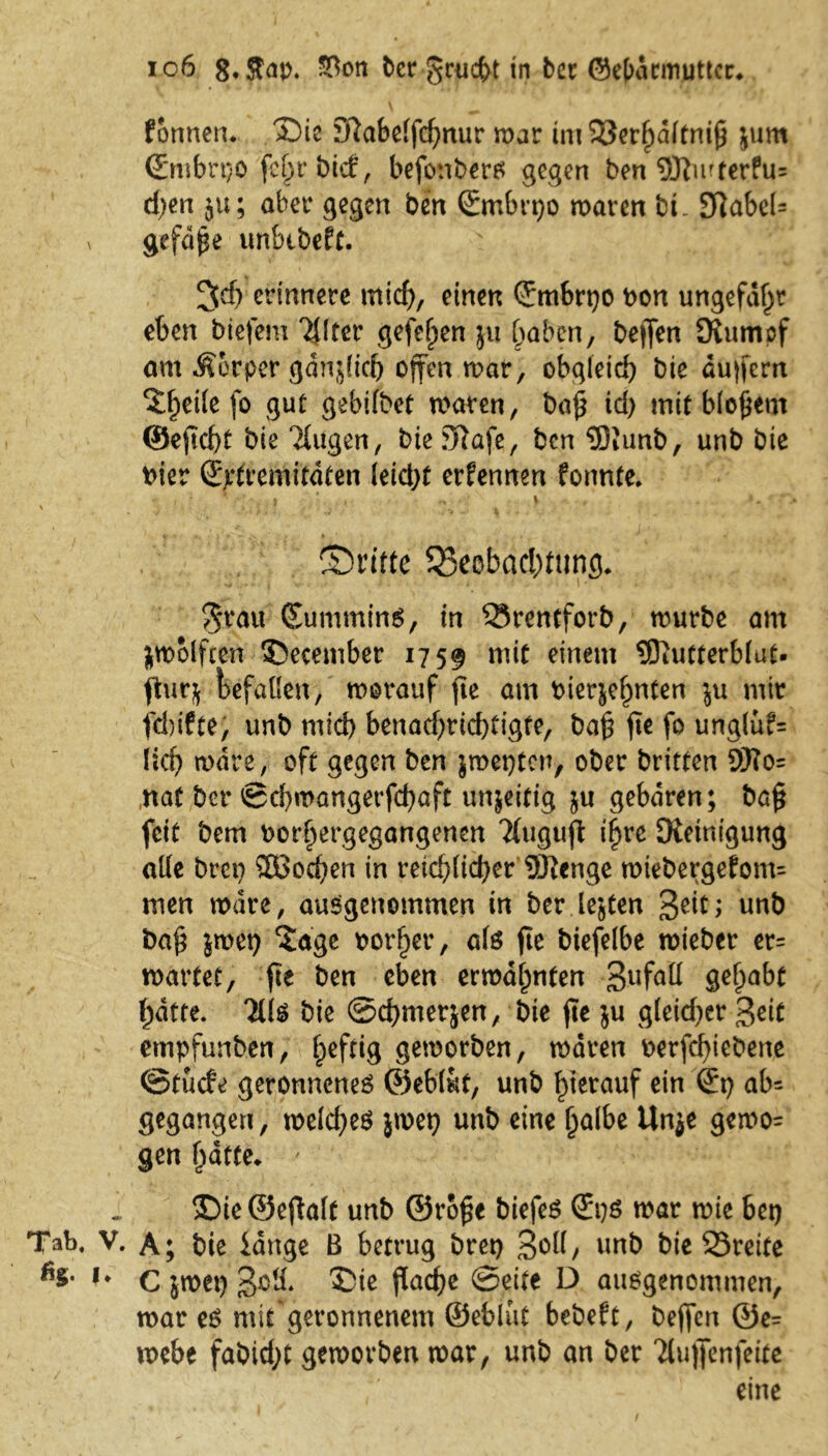 io6 8*$ap. SBon bet* grucht in bcc ©ebarnuittcc. fonnen. T)it Slabeffchnur war im23erhd(tnif) jum Smbnjo fe^rbicf, befonbers gegen ben 5Riuterfu= d)en $u; aber gegen ben Srnbrpo waren bi- 9?abeU v gefa^e unbibeft. 3d) erinnere mid), einen Smbrpo t>on ungefähr eben biefem Tfltcr gefe^en ju haben, beffen 9iumcf am Äorper gänjfid) offen war, obgleich bie dujfcrn Jheife fo gut gebifbet waren, bafl id) mit bloßem ©eflcht bie tilgen, bieSftafe, ben SRunb, unb bie hier Sptremitdten Ieid)t ernennen fonnte. i ., , *, ' \ ;. > v 1 ! _ * 4 ‘ ' . * , ' dritte ^Beobachtung. $rau Cummins, in SSrentforb, würbe am zwölften 35ecember 1759 wiit einem SRutterblut. ftur$ Gefallen, worauf fic am bierje^nten ju mir t'dufte, unb mid) benadjrichtigte, bafl fic fo unglüf= lief) wäre, oft gegen ben jwepten, ober britten SR0= nat ber ©cbwangerfd)üft inseitig ju gebaren; bafl feit bem oorf)ergegangenen Tfuguft if>rc [Reinigung alle bret) 5Bod)en in reichlicher SRenge wiebergefom= men weke, ausgenommen in ber lebten 3ek; unb bafl jwet) ‘Jage bor^er, als fte biefelbe wieber er= wartet, fte ben eben erwähnten 3ufaü gehabt hatte. Tilg bie ©chmerjen, bie fte $u gleid)er ßeit empfunben, heftig geworben, waren oerfd)iebene ©tuefe geronnenes ©eblut, unb hierauf ein St) ab= gegangen, welches jwet) unb eine halbe Unje gewo= gen hatte. ' ®ie©eflalt unb ©rofle biefeS St)S war wie bet) Tab. V. A; bie lange B betrug bret) 3°H/ unb bie 23rette I* c jwet) 3-oH. 35ie flache ©eite D ausgenommen, war es mit geronnenem ©eblut bebeft, beffen ©e= webe fabid)t geworben war, unb an ber Tlujfenfeite eine