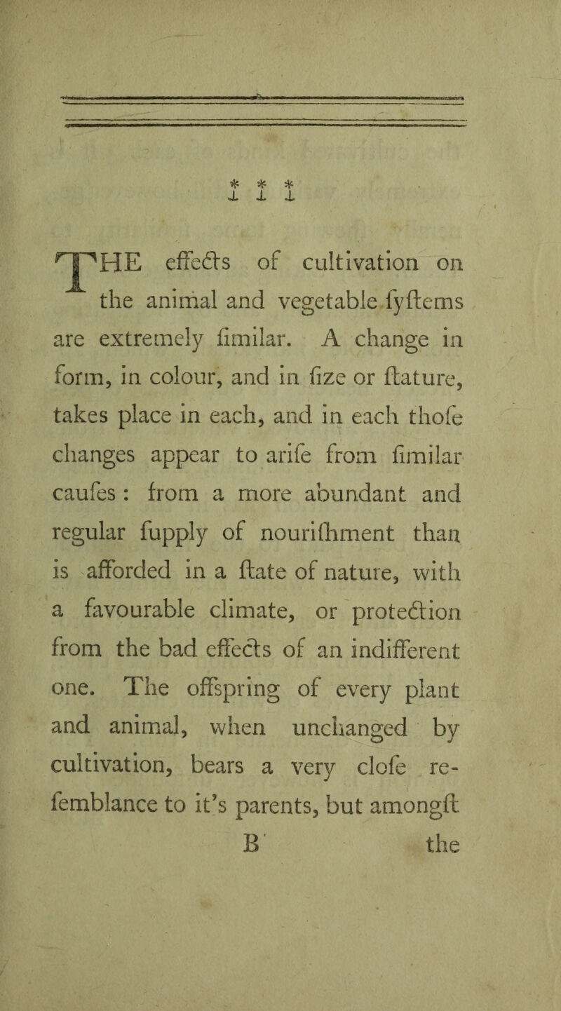 ^ ^ ^ effeiVs of cultivation on the animal and vegetable fyftems are extremely fimilar. A change in form, in colour, and in fize or flature, takes place in each, and in each thole changes appear to arife from fimilar caufes: from a more abundant and regular fupply of nourilhment than is afforded in a Hate of nature, with a favourable climate, or protedion from the bad effects of an indifferent one. The offspring of every plant and animal, when unchanged by cultivation, bears a very dole re- femblance to it’s parents, but amongft B the