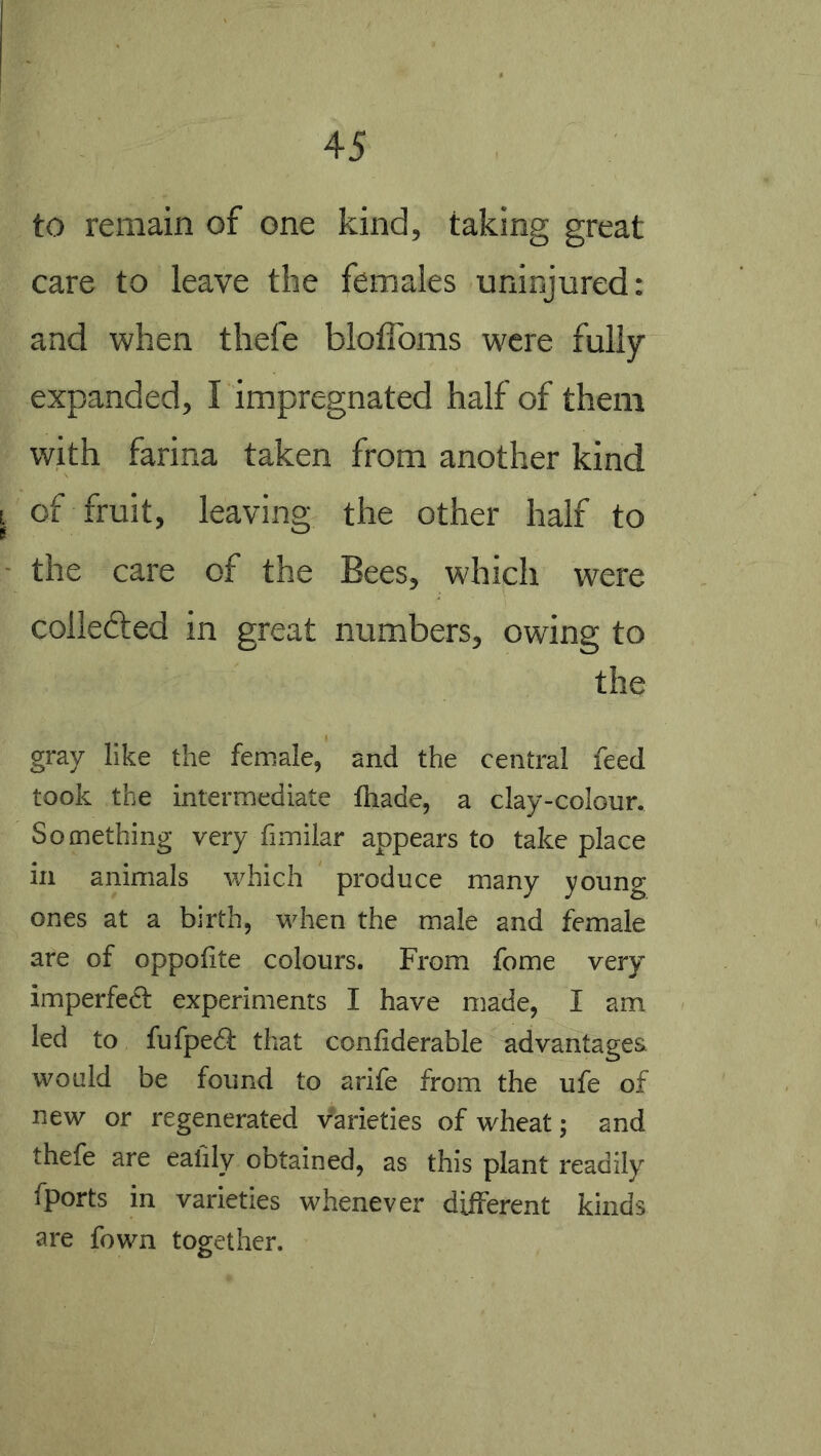 to remain of one kind, taking great care to leave the females uninjured: and when thefe blofibms were fully expanded, I impregnated half of them with farina taken from another kind of fruit, leaving the other half to the care of the Bees, which were collefted in great numbers, owing to the gray like the female, and the central feed took the intermediate lhade, a clay-colour. Something very fimilar appears to take place in animals which produce many young ones at a birth, when the male and female are of oppolite colours. From fome very imperfedl experiments I have made, I am led to fufpe61: that confiderable advantages would be found to arife from the ufe of new or regenerated varieties of wheat; and thefe are ealily obtained, as this plant readily fports in varieties whenever diiferent kinds are fown together.