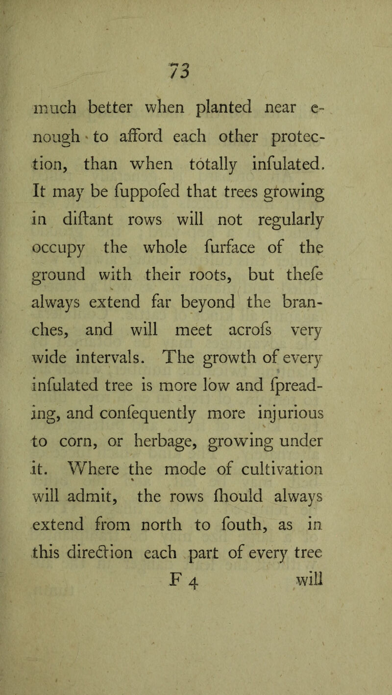 much better when planted near c- nough ■ to afford each other protec- tion, than when totally infulated. It may be fuppofed that trees growing in diftant rows will not regularly occupy the whole furface of the ground with their roots, but thefe always extend far beyond the bran- ches, and will meet acrofs very wide intervals. The growth of every infulated tree is more low and fpread- ing, and confequently more injurious to corn, or herbage, growing under it. Where the mode of cultivation will admit, the rows fhould always extend from north to fouth, as in this diredion each part of every tree F 4 will