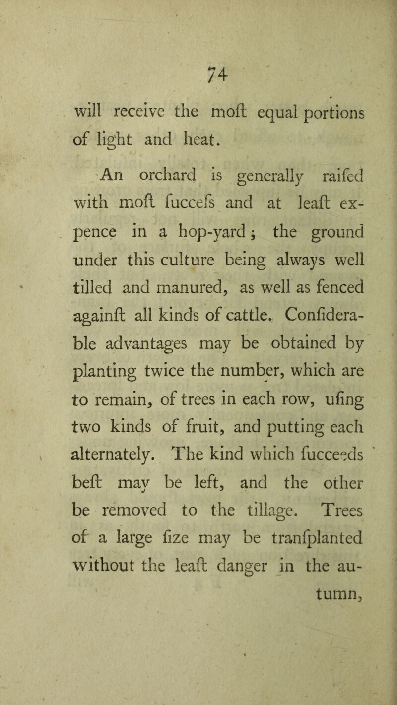 will receive the moil equal portions of light and heat. An orchard is generally raifed with mofl fuccefs and at lead ex- pence in a hop-yard j the ground under this culture being always well tilled and manured, as well as fenced againft all kinds of cattle, Confidera- ble advantages may be obtained by planting twice the number, which are to remain, of trees in each row, ufing two kinds of fruit, and putting each alternately. The kind which fucceeds bed may be left, and the other be removed to the tillage. Trees of a large fize may be tranlplanted without the lead danger in the au- tumn,