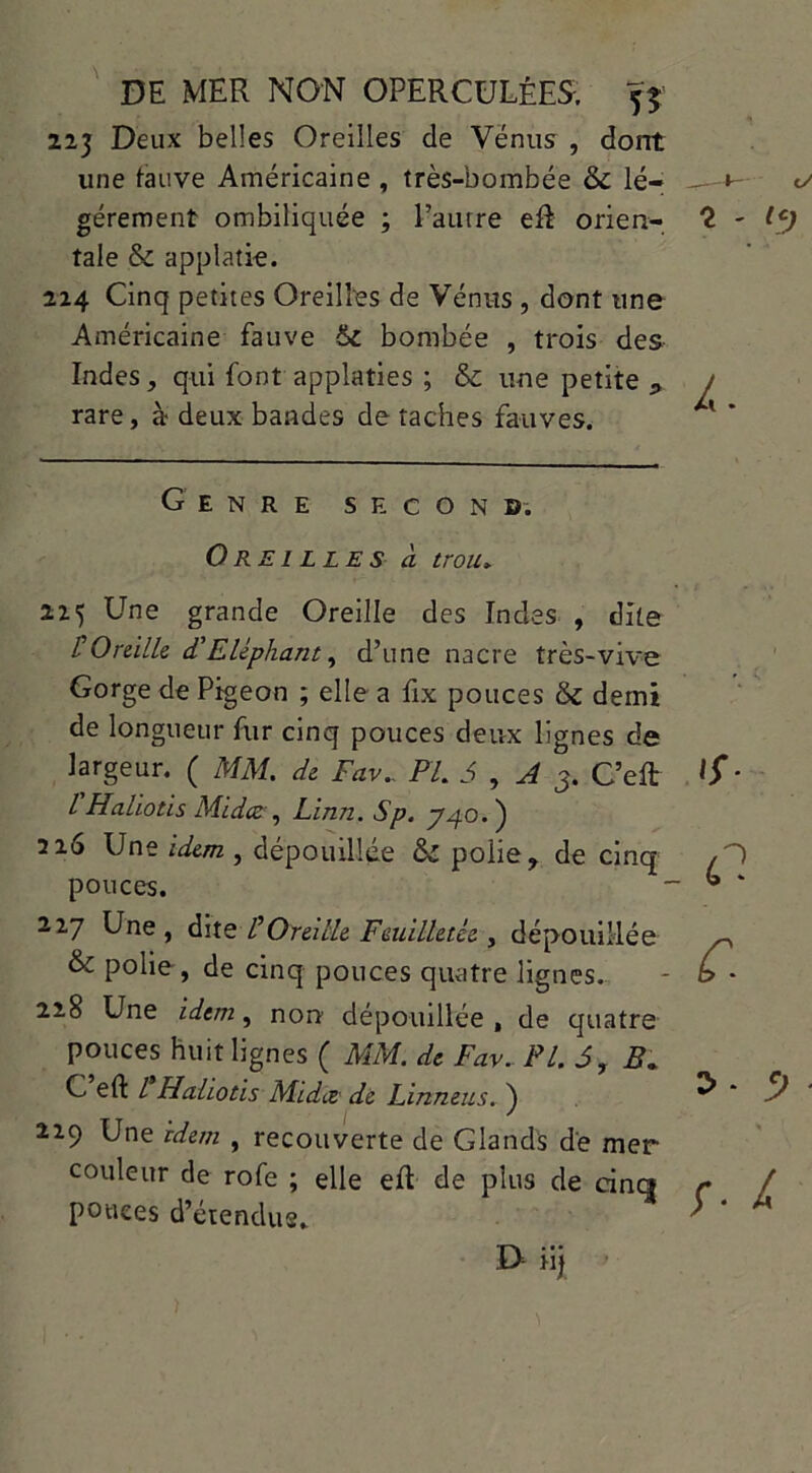 223 Deux belles Oreilles de Vénus , dont une fauve Américaine , très-bombée & lé- - »- «y gérement ombiliquée ; Pautre efè orien- 2 - lcJ taie & applatie. 224 Cinq petites Oreilles de Vénus , dont une Américaine fauve & bombée , trois des Indes, qui font applaties ; & une petite * y rare, à deux bandes de taches fauves. Genre second. Oreilles à trou» 225 Une grande Oreille des Indes , dite F Ouille cTEléphant, d’une nacre très-vive Gorge de Pigeon ; elle a fix pouces & demi de longueur fur cinq pouces deux lignes de largeur. ( MM. de Fav.. PL 5 , A 3. C’eft * l Haliotis Midæ , Linn. Sp. y40. ) 226 Une idem , dépouillée & polie, de cinq /O pouces. ~ ® ‘ 227 Une, dite LOràhte Feuilletée , dépouillée <y & polie , de cinq pouces quatre lignes. * A * 228 Une idem, non dépouillée , de quatre pouces huit lignes ( MM. de Fav. PL S, B. C eft l Haliotis Midiz' de Linneus. ) * J 229 Une idem , recouverte de Glands dé mer couleur de rofe ; elle eft de plus de cinq} r f pouces d’étendus. ' * A ï> iij