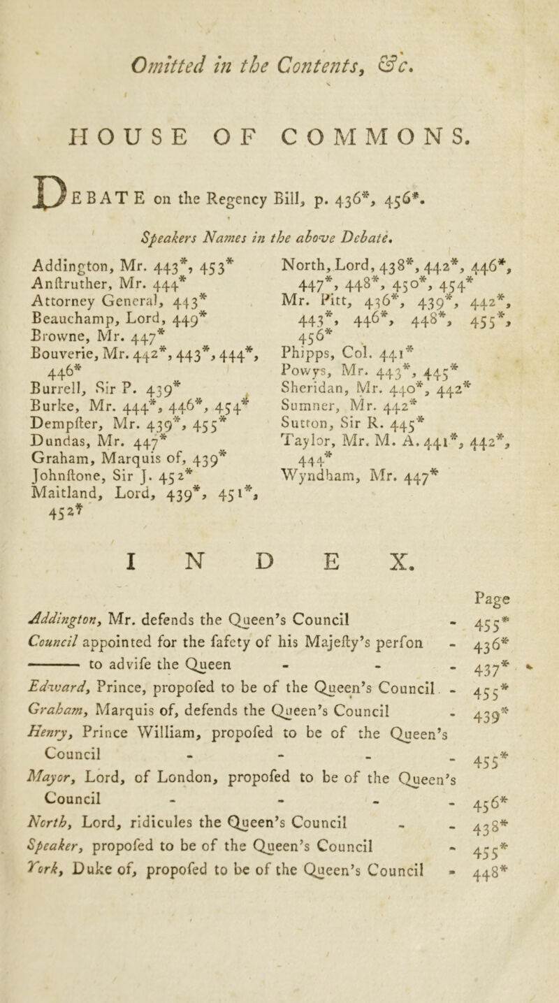 Omitted in the Contents, &c. HOUSE OF COMMONS. J^^EBAT E on the Regency Bill* p. 436*, 456*. t Speakers Names in the above Debate. Addington, Mr. 443% 453* Anftruther, Mr. 444* Attorney General, 443* Beauchamp, Lord, 449* Browne, Mr. 447* Bouverie, Mr. 442*, 443*, 444*, 446* Burrell, Sir P. 439^ Burke, Mr. 444*, 446*, 454* Dempfter, Mr. 439, 455* Dundas, Mr. 447* Graham, Marquis of, 439^ Johnftone, Sir J. 452* Maitland, Lord, 439*? 45*** 452? North, Lord, 438*, 442*, 446*, 447*> 448*> 45°*> 454* Mr. Pitt, 436*, 439, 442*, 443*, 446*, 448*, 455*, 456* . Phipps, Col. 441* Powys, Mr. 443*, 445* Sheridan, Mr. 440*, 442* Sumner, Mr. 442* Sutton, Sir R. 445* Taylor, Mr. M. A. 441*, 442*, 444* Wyndham, Mr. 447* 1 Addington, Mr. defends the Queen’s Council Council appointed for the fafety of his Majelly’s perfon to advife the Queen - - Edward, Prince, propofed to be of the Queen’s Council - Graham, Marquis of, defends the Queen’s Council Henry, Prince William, propofed to be of the Queen’s Council - Mayor, Lord, of London, propofed to be of the Queen’s Council - - North, Lord, ridicules the Queen’s Council Speaker, propofed to be of the Queen’s Council York, Duke of, propofed to be of the Queen’s Council Page 455** 436* 437* 455* 439* 455* 456* 43S* 455* 448*