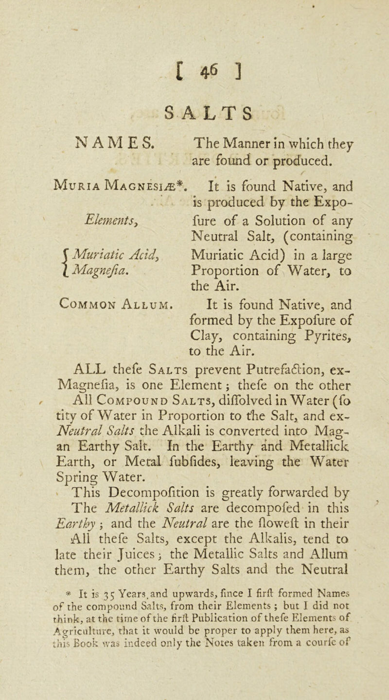 SALTS N A M E S. The Manner in which they ALL thefe Salts prevent Putrefa&ion, ex- Magnefia, is one Element; thefe on the other All Compound Salts, diffolved in Water (fo tity of Water in Proportion to t'he Salt, and ex- Neutral Salts the Alkali is converted into Mag- an Earthy Salt. In the Earthy and Metallick Earth, or Metal fubfides, leaving the Water Spring Water. This Decompofition is greatly forwarded by The Metallick Salts are decompofed in this Earthy ; and the Neutral are the flowed in their All thefe Salts, except the Alkalis, tend to late their Juices 3 the Metallic Salts and Allum them, the other Earthy Salts and the Neutral * It is 35 Years.and upwards, fince I firft formed Names of the compound Salts, from their Elements; but I did not think, at the time of the fir ft Publication of thefe Elements of Agriculture, that it would be proper to apply them here, as this Book was indeed only the Notes taken from a courfe of are found or produced. « Muria Magnesia*. It is found Native, and is produced by the Expo- Elements, fure of a Solution of any Neutral Salt, (containing the Air. Common Allum. It is found Native, and formed by the Expofure of Clay, containing Pyrites, to the Air.