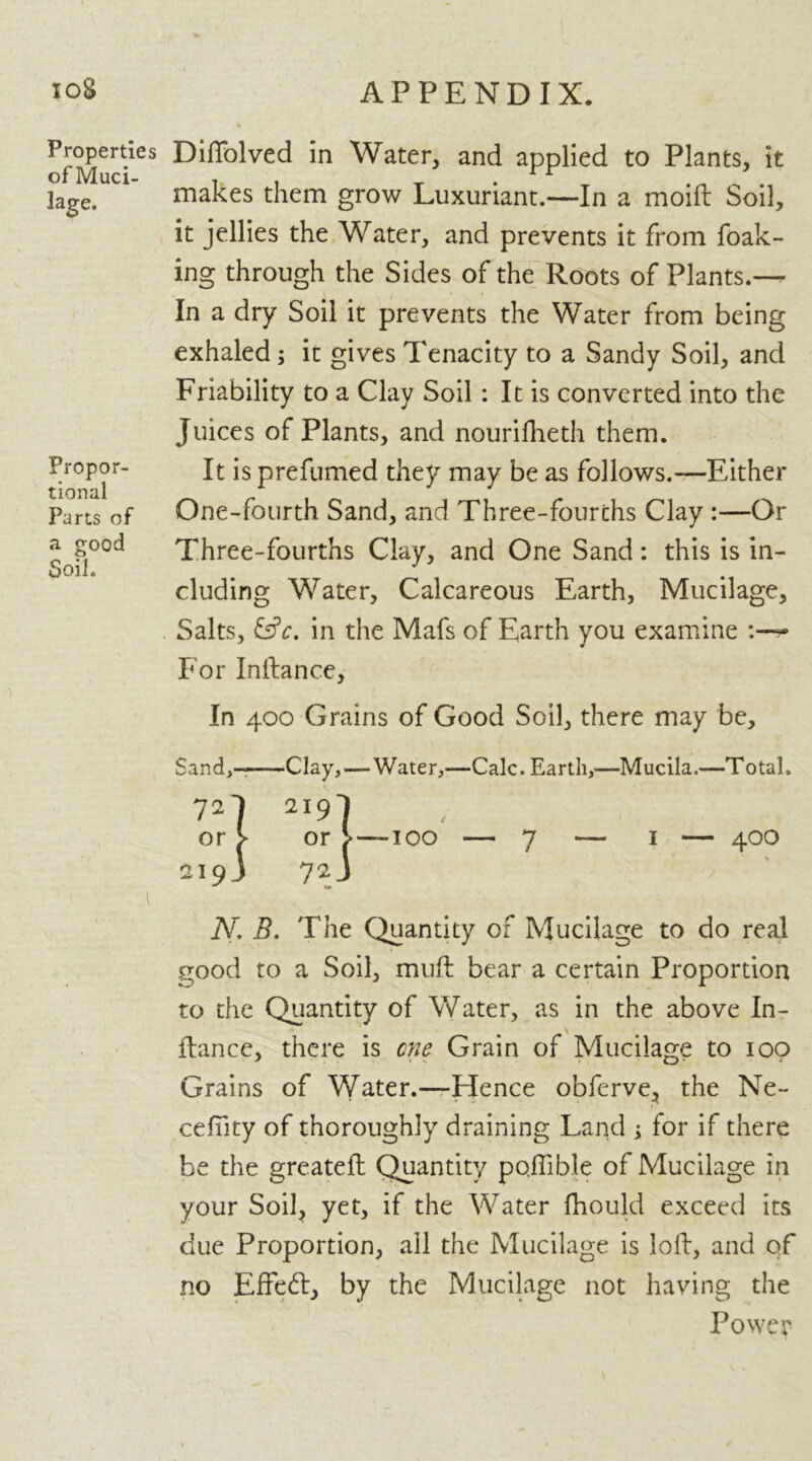 Properties of Muci- lage. Propor- tional Parts of a good Soil. Diffolved in Water, and applied to Plants, it makes them grow Luxuriant.—In a moift Soil, it jellies the Water, and prevents it from foak- ing through the Sides of the Roots of Plants.— \ i ' * In a dry Soil it prevents the Water from being exhaled; it gives Tenacity to a Sandy Soil, and Friability to a Clay Soil : It is converted into the Juices of Plants, and nourifheth them. It is prefumed they may be as follows.—Either One-fourth Sand, and Three-fourths Clay :—Or Three-fourths Clay, and One Sand: this is in- cluding Water, Calcareous Earth, Mucilage, Salts, &c. in the Mafs of Earth you examine For Inftance, In 400 Grains of Good Soil, there may be. Sand,- Clay,—Water,—Calc. Earth,—Mucila.—Total, 727 2197 or !- or >—100 — 7 — 1 — 400 219) 72J N. B. The Quantity of Mucilage to do real good to a Soil, muff bear a certain Proportion to the Quantity of Water, as in the above Pi- ttance, there is one Grain of Mucilage to 100 Grains of Water.—Hence obferve,, the Ne~ cefiity of thoroughly draining Land ; for if there be the greateft Quantity pojlible of Mucilage in your Soilj yet, if the Water fhould exceed its due Proportion, all the Mucilage is loft, and of no EfFeft, by the Mucilage not having the Power