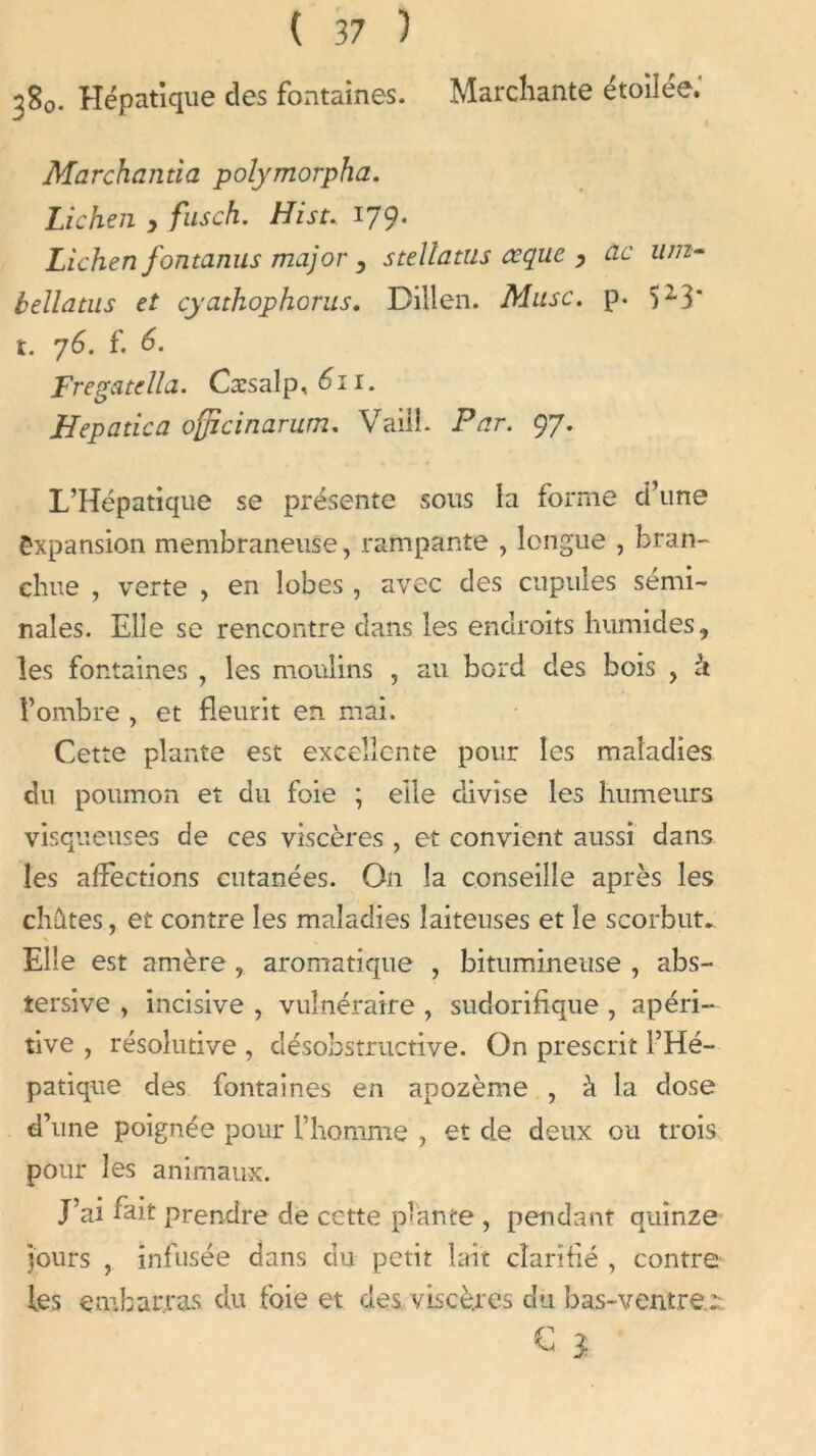 j8o- Hépatique des fontaines. Marchante étoilée.' Marchanda polymorpha. Lichen > fusch. Hist. 170. Lichen fontanus major 3 Stella tus a: que , ac um- bellatus et cyathophorus. Dillen. Musc. p. )23* t. 76. f. 6. Fregatclla. Cæsalp, 611. Hepadca officinarum. Vaill. Par. 97. L’Hépatique se présente sous la forme d’une Expansion membraneuse, rampante , longue , bran- ehue , verte , en lobes , avec des cupules sémi- nales. Elle se rencontre dans les endroits humides, les fontaines , les moulins , au bord des bois , à l’ombre , et fleurit en mai. Cette plante est excellente pour les maladies du poumon et du foie ; elle divise les humeurs visqueuses de ces viscères , et convient aussi dans les affections cutanées. On la conseille après les chutes, et contre les maladies laiteuses et le scorbut. Elle est amère, aromatique , bitumineuse , abs- tersive , incisive , vulnéraire , sudorifique , apéri- tive , résolutive , désobstructive. On prescrit l’Hé- patique des fontaines en apozème , à la dose d’une poignée pour l’homme , et de deux ou trois pour les animaux. J’ai fait prendre de cette plante , pendant quinze jours , infusée dans du petit lait clarifié , contre les embarras du foie et des viscères du bas-ventre.:: € j