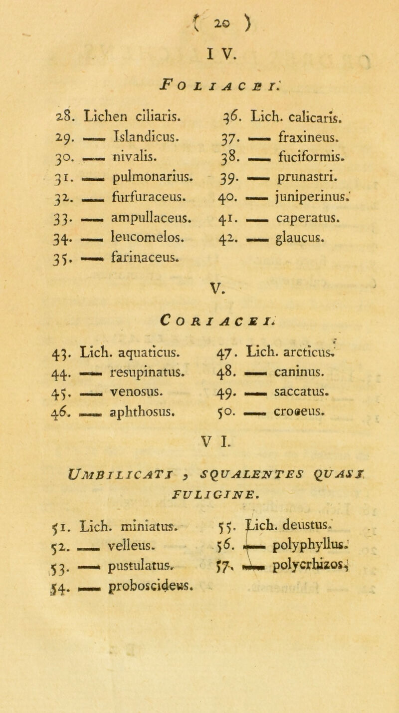 I V. Foliacé il 28. Lichen ciliaris. 36. Lich. calicarîs. 29- Islandicus. 37. — fraxineus. 3°. —. nivalis. 38. —. fuciformis. 3ï. _ pulmonarius. 39. — prunastri. 3Z- - furfuraceus. 40. —— juniperinus.' 33- — ampullaceus. 41. —— caperatus. 34- —. leucomelos. 42. —- glaucus. 35- ——* farinaceus. V. Coriace i< 43- Lich. aquaticus. « 47. Lich. arctïcüs,’ 44. — resupinatus. 48. — caninus. 43' —— venosus. 49. — saccatus. 46. «. aphthosus. 50. —» croaeus. V I. UmBILICATJ J SQU ALE jy TES QUASI FULICINE. fi. Lich. mimants. 53- t-ich* deustus. 52. - velleus. 56. L_ polyphyllus. 53. — pustulatus. mU. polycrhizos-j 54. proboscideus.