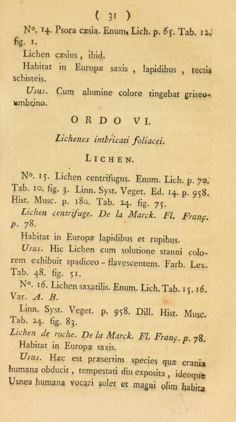 N°. 14. Psora cæsia. Enum, Lich. p. Tab, 12; fig- 1* Lichen cæsius, îbid. Habitat in Europæ saxis , lapidibus , tectis schisteis. TJsiis. Cum alumine colore tingebat griseo* Mmbrino. O R D O VI. Lichenes imbricati foliacé i. \ Lichen. N°. 15. Lichen centrifugus. Enum. Lich. p. J®; Tab. 10. hg. 3. Linn. Syst. Veget. Ed. 14. p. 958. Hist. Musc. p. 180. Tab. 24. fi g. y^. Lichen centrifuge. De la Marck. Fl. Franc. P• 78- Habitat in Europæ lapidibus et rupibus. Usus. Hic Lichen cum solutione stanni coIo~ rem exhibuit spadiceo - flavescentem. Farb. Lex. Tab. 48. fi g. çi. N°. 16. Lichen saxatilis. Enum. Lich. Tab. i %. 16. Var. A. B. Linn. Syst. Veget. p. 958. Dill. Hist. Musc. Tab. 24. Hg. 83. Lichen de roche. De la Marck. Fl. Franc, p. 78. Habitat in Europæ saxis. Usas. Hæc est præsertim species quæ crama humana obducit, tempestati diu exposita , ideoquè Usnea humana vocari solet et magni olim habita