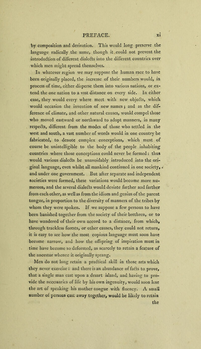 by composition and derivation. This would long preserve the language radically the same, though it could not prevent the introdudlion of different dialedts into the different countries over which men might spread themselves. In whatever region we may suppose the human race to have been originally placed, the increase of their numbers would, in process of time, either disperse them into various nations, or ex- tend the one nation to a vast distance on every side. In either case, they would every where meet with new objects, which would occasion the invention of new names; and as the dif- ference of climate, and other natural causes, would compel those who moved eastward or northward to adopt manners, in many respefts, different from the modes of those who settled in the west and south, a vast number of words would in one country be fabricated, to denote complex conceptions, which must of course be unintelligible to the body of the people inhabiting countries where those conceptions could never be formed : thus would various dialedts be unavoidably introduced into the ori- ginal language, even whilst all mankind continued in one society, < and under one government. But after separate and independent societies were formed, these variations would become more nu- merous, and the several dialedfs would deviate farther and farther from each other, as well as from the idiom and genius of the parent tongue, in proportion to the diversity of manners of the tribes by whom they were spoken. If we suppose a few persons to have been banished together from the society of their brethren, or to have wandered of their own accord to a distance, from which, through trackless forests, or other causes, they could not return, it is easy to see how the most copious language must soon have become narrow, and how the offspring of inspiration must in time have become so deformed, as scarcely to retain a feature of the ancestor whence it originally sprang. Men do not long retain a practical skill in those arts which they never exercise : and there is an abundance of fails to prove, that a single man cast upon a desart island, and having to pro- vide the necessaries of life by his own ingenuity, would soon lose the art of speaking his mother tongue with fluency. A small number of persons cast away together, would be likely to retain the