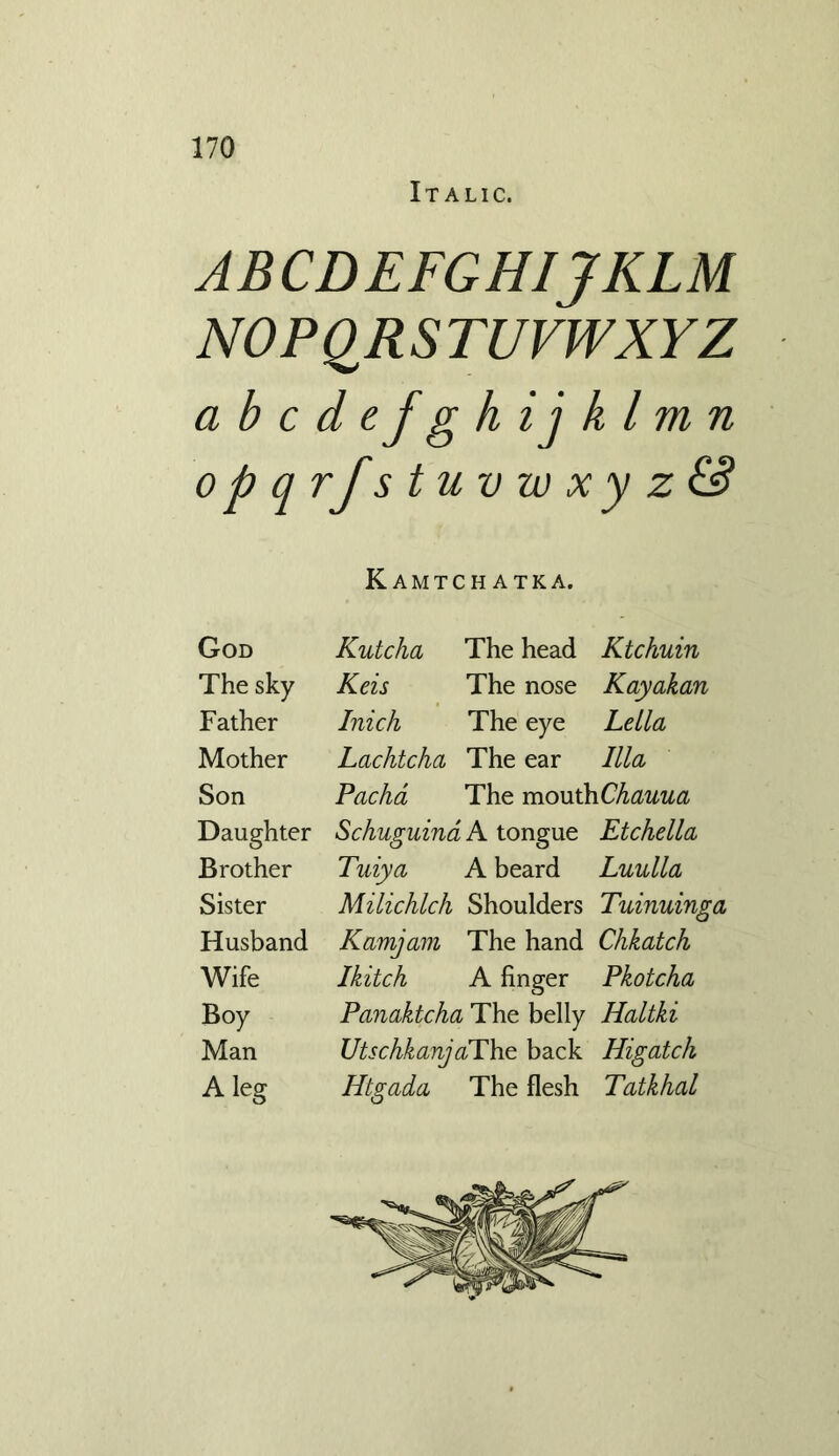 Italic. ABCDEFGHIJKLM NOPQRSTUVWXYZ abcdefghijklmn opqrfstuvwxyz& K AMTCH ATKA. God Kutcha The head Ktchuin The sky Keis The nose Kayakan Father Inich The eye Leila Mother Lachtcha The ear Ilia Son Pacha The mouth Chauua Daughter Schuguina A tongue Etchella Brother Tuiya A beard Luulla Sister Milichlch Shoulders Tuinuing, Husband Kamjam The hand Chkatch Wife Ikitch A finger Pkotcha Boy Panaktcha The belly Haltki Man UtschkanjaThe back Higatch A leg Htgada The flesh Tatkhal