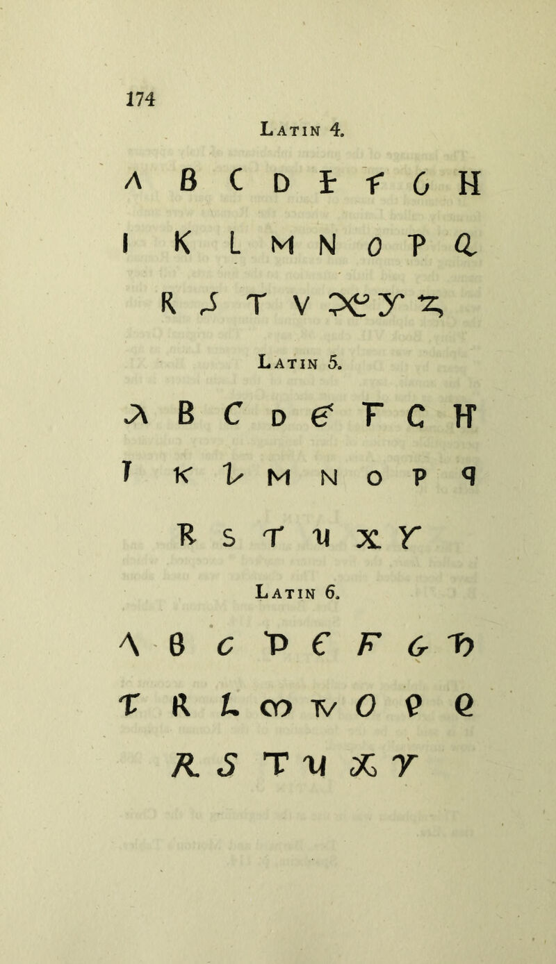 Latin 4. a BCDffGH I K L N N 0 P 4, k a t v per ^ Latin 5. A B C d (? F C H1 T K I z o -O R s t ^ x r Latin 6, A 6 c T> € F & ij TRLcoivOPG yR. J T H X r