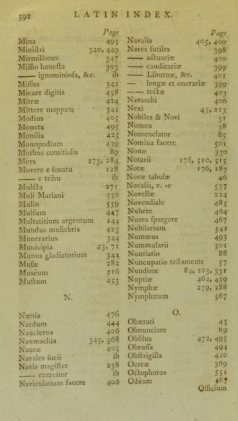 Mina rage 495 Miniftri 320, 449 Mirmillones 347 Miffio honefta 393 , — ignominiofa, &c. ib Miffus 342 Micare digitis 458 Mitrx 424 Mitterc mappam 342 Modius 405 Moneta 495 Monilia 425 Monopodium 439 Morbus comitialis 89 Mors 273, 284 Movere e fenatu 128 e tribu ib Mulfta 27 t Midi Mariani 55° Mulio 559 Mulfum 447 Multatitium argentum 144 Mundus muliebris 423 Munerarius 344 Muiiieipia. 43* 7i Munus gladiatorium 344 Mufae 282 Museum 516 Muftum 453 N. Nxnia 476 Nardum 444 Nauclerus 406 Naumachia 345, 568 Nautx 4°5 Navales focii ib Navis mngifter 238 exercitor ib Naviculariam facere 406 „ Pa&- Navalia 405, 409 Naves futiles 398 a£tuarisc 400 —- caudicarix 399 Liburnoe, &*c. 401 — longae et onerariae 399 tedlse 403 Navarchi 406 Nexi 45*^13 Nobiles & Novi 31 Nomen ' 38 Nomenclator 85 Nomina facere 501 Nome 330 Notarii 176, 510, 515 Notse 176, 187 Nova; tabulae 46 Novalis, v. 537 Novelise 224 Novendialc 485 Nubere 464- Nuces fpargere 467 Nubilarium 542 Nummus 493 Nummularii 501 Nuntiatio 88 Nuncupatio teftamenti 57 Nundinae 84, 203, 331 Nuptise 462* 459 Nymphx 279, 288 Nymphseum 567 O. Obxrati 4 J Obnunciare 89 Obolus 472, 495 Obrufla 494 Obltrigilla 420 Ocrex 369 Ocdophoros 5 51 Odeum 567 QSicium