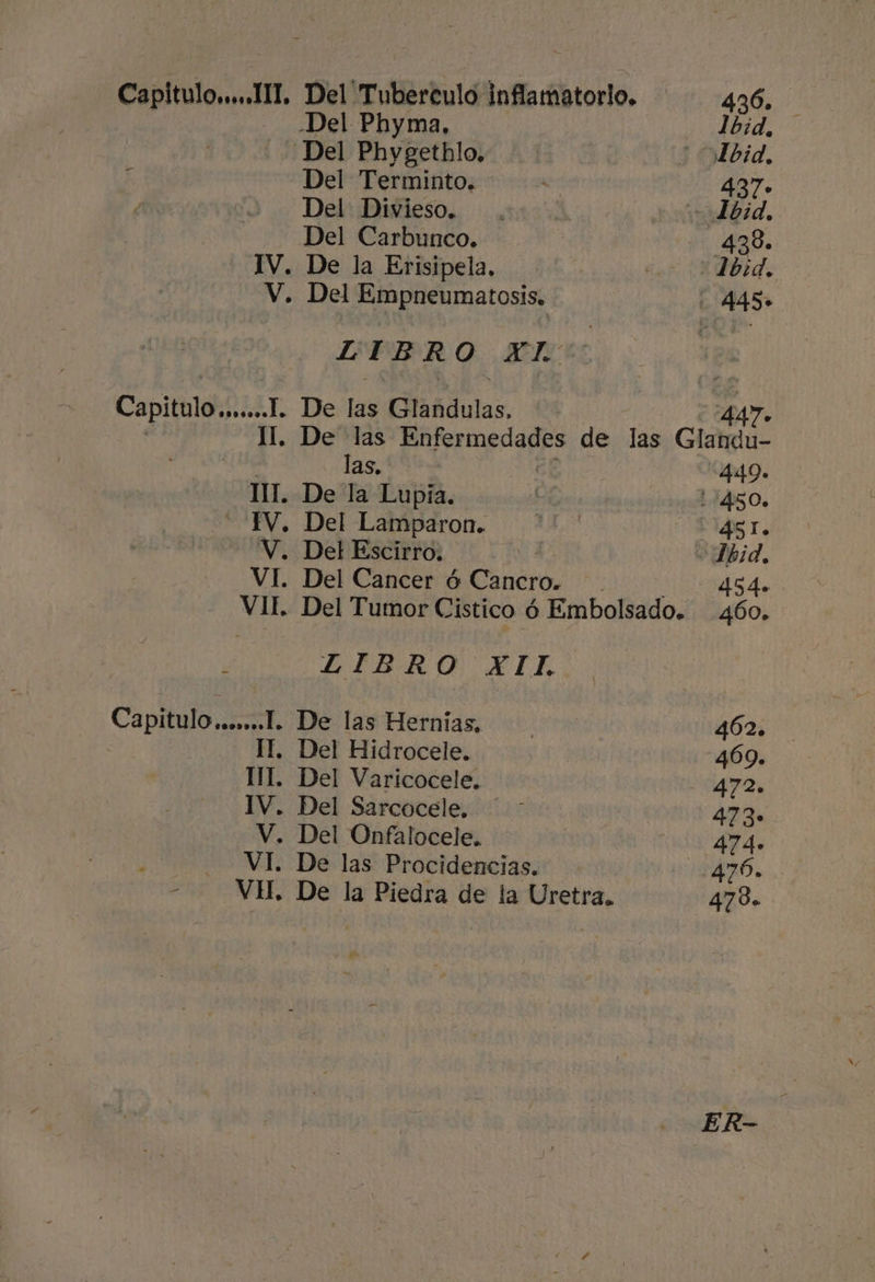 Capitulo a... TL. Del Tuberculo inflamatorio. -Del Phyma, Del Phygethlo, Del Terminto. Del Divieso. Del Carbunco. De la Erisipela, Del Empneumatosis, De ld Glandulas. las. De la Lupía. Del Lamparon. v. vi. y VH, Del Cancer ó Cancro. LIBRO XLUlI,. De las Hernias. Del Hidrocele. Del Varicocele. Del Sarcocele, Del Onfalocele. De las Procidencias. De la Piedra de la Uretra.. 436. Ibid. 437» 438. 451. 454» 460, 462. 469. 472» 473» 474. 470» ER-