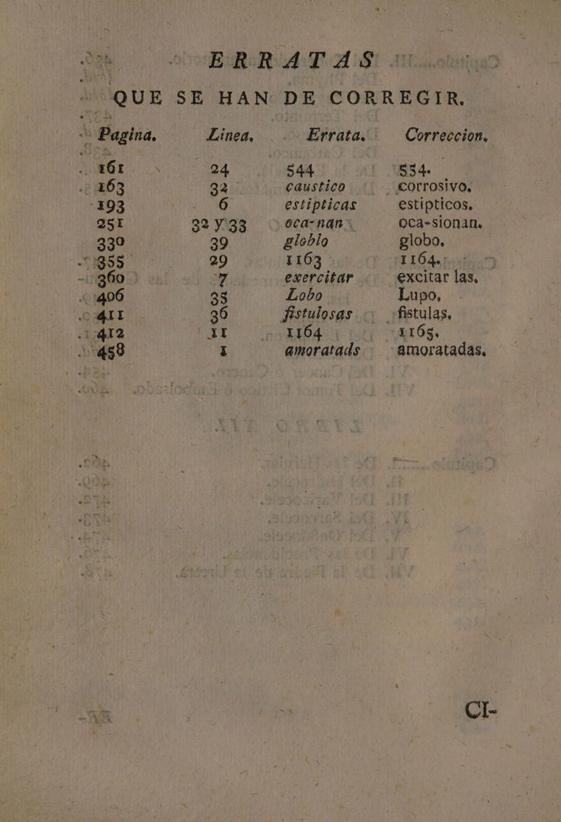 38 EMRA DANS olas QUE SE HAN DE CORREGIR. &gt; Pagina, Linea, Errata, Correccion, AE 24 544 534. «2163 32. Caustico corrosivo. -193 A estípticas estipticos. 25H 32 138 oca- nan Oca=sionam. - 330 39 globlo globo, A AN 29 1163 LO An tilo -:360 &gt; 7 esercitar €xcitar las, 1406 35 Lobo Lupo, DALE: 36 Fistulosas «fistulas, .1:412 31 1164 1105. |