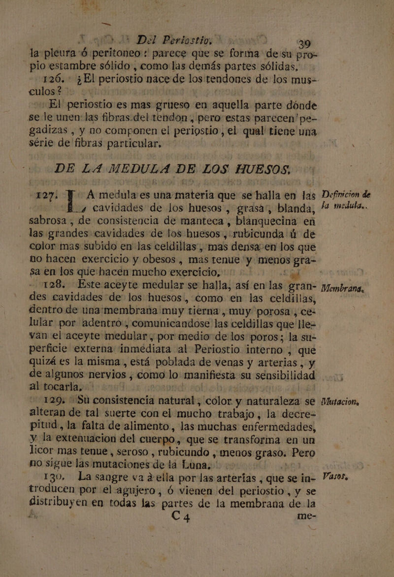 Xu. 4% Del Rértastiv, la pleura $ peritoneo : parece que se forma de su pro- -pioestambre sólido, como las demás partes sólidas, culos? | | | | El periostio es mas grueso en aquella parte dónde se le unen: las fibras.del tendon , pero estas parecen'pe- gadizas , y no componen el periostio, el qual tiene una série de fibras particular, CESA, DE L4 MEDULA DE LOS HUESOS, 127. Y A medula es una materia que se halla en las cavidades de los huesos, grasá', blanda, sabrosa , de consistencia de manteca , blanquecina en - las grandes cavidades de los huesos , «rubicunda'% de color mas subido en las celdillas., mas densa en los que Definicion de la medula... sa en los que:hacen mucho exercicio, “y - 128. Este aceyte medular se halla, así en las gran- des cavidades de los huesos, como en las celdillas, dentro de una'membrana muy tierna, muy porosa, ce- lular por adentro, comunicandose las celdillas que lle= van el aceyte medular, por medio de los poros; la su- perficie externa inmediata al Periostio interno , que Quizá €s la misma, está poblada de venas y arterias, y de algunos nervios , como lo manifiesta su sensibilidad al tocarla, | PORPAC SOL Dana (483 129. Su consistencia natural, color y naturaleza se alteran de tal suerte con el mucho trabajo, la decre- pitud, la falta de alimento, las muchas enfermedades, y la extenuacion del cuerpo, que se transforma en un licor mas tenue, seroso , rubicundo , menos graso. Pero no sigue las mutaciones de la Luna, ' pu pl 130, La sangre va ¿ella por las arterías , que se in- troducen por el agujero, ó vienen del periostio , y se distribuyen en todas las partes de la membrana dela ES C4 me- Membrant. ) A Mutación, Vasos.