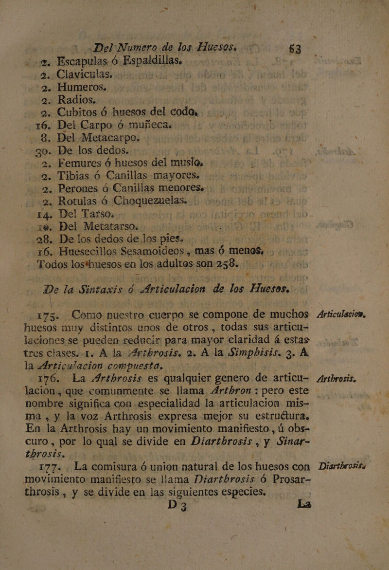 ON Del Numero de los Huesos. AN 2. Escapulas Ó Hopalgils: ERA DUO OE Y d..Claviculasouto midi 20 SU e :2. Humeros. 2. Radios. 2. Cubitos Ó huesos del coda; 16. Del Carpo ó muñecas | j 8. Del Metacarpo. ¿0.0.0 AA lso hr Ñ 30. De los dedos. | 23 e RN Femures 6 huesos del muslo, 2. Tibias Ó Canillas mayores. 2. Perones Ó Canillas menores. 2. Rotulas ó Choquezuelas.. 14. Del Tarso. 10. Del Metatarso... | 28. De los dedos de los. pies. ri 16. Huesecillos Sesamoideos , mas Ó menos, Todos Jestenos en Los adultos son 5h: «e De la Sintaxis 0 / Articulación pe los pai | | ¡ “1752. Como: nuestro cuerpo se compone de muchos Articulacion, huesos muy distintos unos de otros... todas sus articu- laciones.se pueden reducir: para mayor claridad á estas tres clases. 1. A la Artbrosis. 2. A la Simpbisis. 3. A la Articulacion compuesta. 176. La Arthrosis es qualquier genero de articu- Arthrosis. lacion., que comunmente se. llama Arthron : pero este nombre significa con especialidad la articulacion mis- ma , y la voz Arthrosis expresa mejor su estruétura. En la Artbrosis hay un movimiento manifiesto, ú obs- curo , por lo qual se &gt; divide en Diartbrosis , y Sinar- tbrosis. 177. La comisura ó union natural de los huesos con Diartbrosiss movimiento manifiesto se llama Diarthbrosis ó Prosar- throsis , y se divide en las siguientes especies, q | D3 La