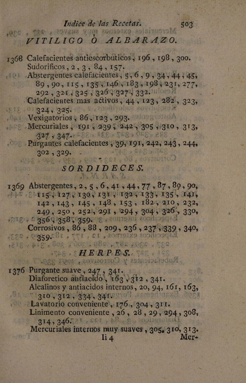 aro , RE PITILIGO. 0 ALBARAZO, 1368 Calefacientes: bsiombitios /196,198, 300. Sudorificos, 2,3» 84.» 157» Abstergentes calefacientes, 3,6,09,34,44,48, 89 , 90,115, 133% 140) 183, 198, 231) 277» 292., 3264825 82078274 332. 00:0804 ; “Calefacientes mas aétivos, 44, Ed 282, 323, e: 13245 325 +. Vexigatorios , 86, 123 , 293. A -Mercuriales , DA 5 239 rd 305 &gt; ¿E 353 327 5 347+: ces E | -Purgantes calefacientes ; $ 39 191, 242, 243 , 244, Lead 329: SORDIDECES 1369 Abrrgentes, o st sé 4: , 44,77 ,87,89, 90, 1157127 , 130 y 131 y 132% 133, 135' 141, 142,143», 145, 148, 153, 192: 210, 232, 249, 250, 252) 298 &gt; 294) 34» 326, 330» 12.6 3565/3583 359. - _ Cotrorisos, 86 88, 209, 296, 237 1339) 340, ESAS AA 1 | q E R P, E Ps. 12€ e BONALOQIEN 20 1376 nl suave , 247 , Er Ls Diaforetico alitiacido., 163 312, 341. ¡ Alcalinos y antiacidos AptEEnOS &gt; 20, 94, xÓ I, 163, 310,312, 334 34. Lavatorio conveniente, Po 304', ZII. Linimento OR Pmenta &gt; ao 28, 30 Aod &gt; 309, 314, 346: | Mercuriales intertios muy suaves + RO 310, 3134: li 4 Mer-