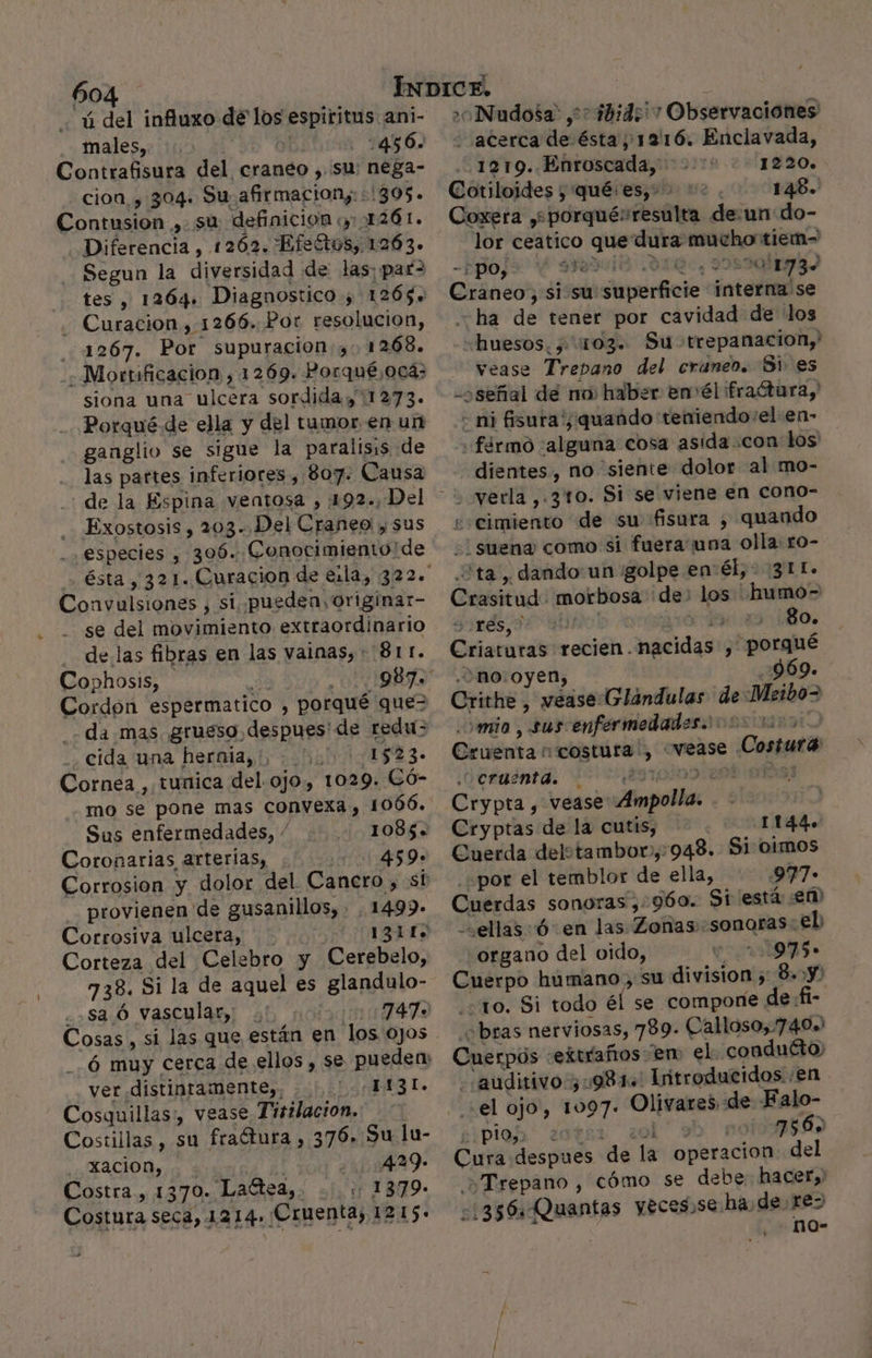 ú del influxo de los espiritus ani- males, 0 1456. Contrafisura del craneo , su: nega- cion, 304. Su afirmacion;: :' 305. Contusion ,. su: definicion y: 1261. Diferencia , 1262. Efectos, 1263. Segun la diversidad de las; par= tes , 1264. Diagnostico y 1265» Curacion, 1266. Por resolucion, 1267. Por supuracion.,. 1268. Mortuficacion , 1269. Porqué ocá: siona una ulcera sordiday 11273. Porqué de ella y del tumor en un ganglio se sigue la paralisis de las partes inferiores, 807. Causa - de la Espina ventosa , 192., Del . ExostosiS , 203- Del Craneo, sus especies , 306. Conocimiento! de Convulsiones , si pueden, originar- se del movimiento extraordinario delas fibras en las vainas, + 811. Cophosis, e Cordon espermatico , porqué que= da mas grueso, despues' de redu- cida una hernia, 01.0 1523» Cornea , tunica del ojo, 1029. Có- mo se pone mas convexa, 1066. . Sus enfermedades, / 1085. Coronarias arterias, 001459» Corrosion y dolor del Cancro , st - provienen de gusanillos, , 1499- Corrosiva ulcera, 1311. Corteza del Celebro y Cerebelo, 738. Si la de aquel es glandulo- sa Ó vascular, . | Cosas, si las que están en los ojos ver distintamente,, 543 L. Cosquillas,, vease Tisilacion. Costillas , su fractura , 376. Su lu- XaciOd, 1 $ | 429. Costra, 1370. Laétea,. ...: 1379- Costura seca, 1214. Cruenta, 1215 e &gt; Nudosa' ,&gt;: ibid;'7 Observaciones acerca de ésta 12:16. Enclavada, 1219. Enroscada, 1220. Cotiloides , qué: es, 148. Coxera ,sporquésresulta de.un do- lor ceatico que dura mucho tiem- -+ PO, A susi ,0 Aa YO 0011734 Craneo, si su superficie interna se ha de tener por cavidad de los «huesos. 103. Su trepanacion,' vease Trepano del craneo. Si. es -oseñal de no haber envél fraóturay ni fisura '¿quando teniendo:el en- «férmo alguna cosa asida con los dientes, no siente dolor al mo- «cimiento de su fisura ¿ quando - suena como si fuera una olla: ro- Sta, dando un golpe en él, 311. Crasitud. morbosa de: los humo-= res,” y 80. Criaturas recien. nacidas , porqué .2no0:0yen, 969 Crithe , vease Glándulas de Meibo= comio , sus enfermedades Cruenta costura ', «vease Costura cruenta. ¿stpivo cod 01593 Crypta , vease Ampolla. . &gt; Cryptas de la cutis, 1144. Cuerda delstambor,943. Si oimos «por el temblor de ella, 977. Cuerdas sonoras ,.960. $1 está em -ellas:ó en las Zonas sonoras: el organo del oido, 1975 Cuerpo humano, su division , 8. y; 10. Si todo él se compone de:fi- ¿bras nerviosas, 789- Calloso,.740» Cuerpos «extraños em el. conducto, JS ¡auditivo 3.981. Lritroducidos.:en Cura despues de la operacion del + Trepano, cómo se debe hacer») ¿1356 Quantas yeces,se ha de: rez no- v