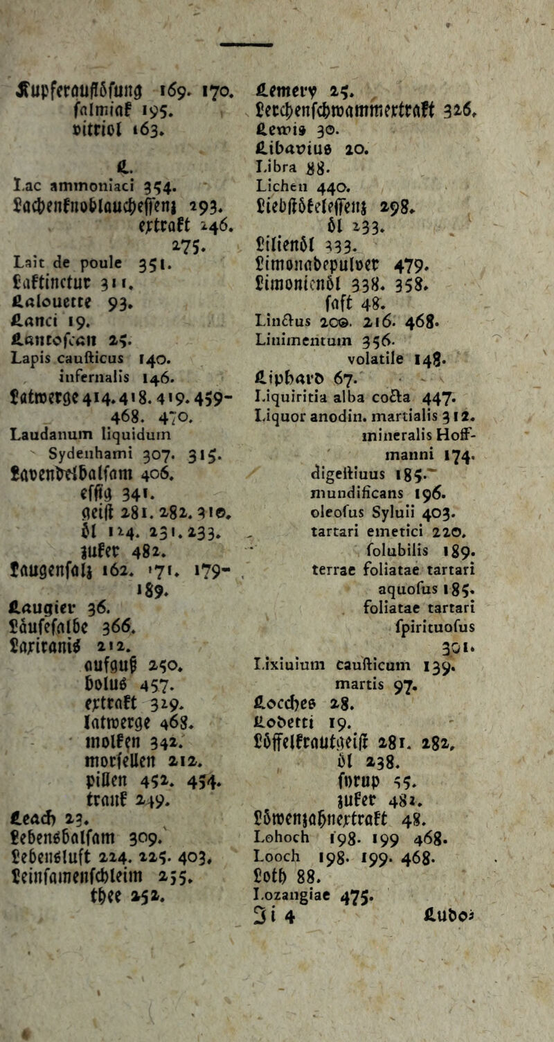 Äupferöüflöfünö 169. 170. fnlmiof 195. »itrlol 163. d. l-ac ammonlaci 554. 5öcl)enfno&lauc^)ejfenj 193. ejrtroft 246. Lait de poule 351. t’iiftinctur 3«*. iS.alcuetce 93. fi.anci 19. £.aticofcatt 2;. Lapis caufticus 140. infernalis 146. 5 atreetöc 414.4'8.4 < 9» 459- 468. 470. Laudanum liquidum Sydenhami 307. 31^. £at>entrH6alfcim 406. efft4 34 t. «eilt 281.282.310. 114. 131.233. jufcc 482. taugenfolj 162. »71. 179- 189. Haugici* 36. Saufefaibc 366. 5a;ii:ani^ m. oufgu^ 2^0. öoiuö 457. eytraft 329* latwergc 468. ' inolf^n 342. ntorfcUen 212. Pillen 452. 454* trauf 249. CeaeJ) 23. Jeben^5nlfnm 3^9» Deben^luft 214.124. 403, IJeinfamcnfcbleim 235, tbee 252. £emei*v 25. ^ecc^enfcbwamniertrrtft 326. ß^ciri» 30. 10. I.ibra il8- Lichen 440. J!iet)ft6eeleifcns 298. öl 133* 5tlien5l 333* Simoiiflbcpuloer 479» JÜmonicnöl 338. 358. foft 48^. Lin£lus 10®. 216. 468» Liiiimemum 356- volatile 148. fi.ipf)av^ 67. Liquiritia alba cofta 447. Liquor anodin. martialis 312. inineralis Hoff- manni 174. digeitiuus l85-~ niundiHcans 196. oleofus Syluii 403. tartari emetici 220, folubilis 189. terrae foliatae tartari aquofus l83* foliatae tartari fpirituofus 3y*‘ I.ixluium caufticum 139. martis 97. fiLocebee 28. Ho&ctti 19. DöffclfrnütcKilr 281. 282. öl 238. forup ^5. jufer 482. Sönjcnjflbhcjrtroft 48- Lohoch 198. 199 468. Looch 198. 199. 468. Mf> 88. Lozaiigiac 475- 3l 4