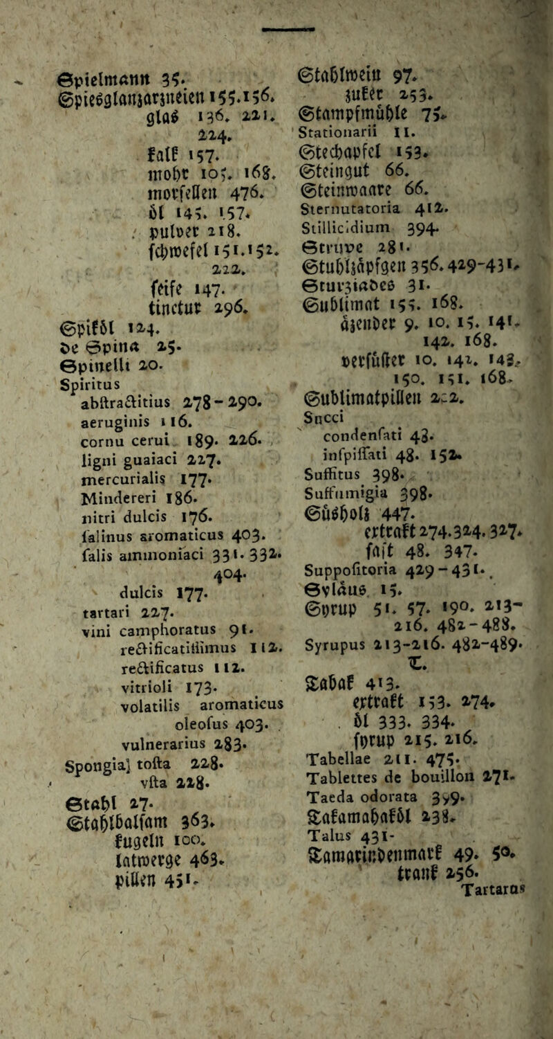 ©pielnumn 3^ ©pieegtanaarjueien i55*^5ö» gla^ i'^6. 2X1. X24. fat! »57- inobt 10^. 168:. jnovfeHeii 476. U 14?. 157* :■ puluec 218. X2X, feife 147* tinctutJ 296. ©piföl 124- öe @pin<t x5* ©piuellt xo. Spiritus abftra£titius X78 ~ 29*^* aeruginis 116. cornu cerui l89* 2X6. , ligni guaiaci XX7. mercurialis 177. Miticlereri Ig6. «itri dulcis 176. lalinus aromaticus 403. falis aininoniaci 331. 332* 404. dulcis 177. tartari 2x7. vini camphoratus 91. re£VificatUiimus IIX. redificatus 112. vitrioli 173* volatilis aromaticus oleofus 403. . vulnerarius x83* Spongia] tofta xxg. vita Xl8* ©ta^l 27* <£ta^l5olfam 363» fug ein 100. (atipepge 463. Pillen 45»- 0tn5lroeiu 97. jufet 253. @tampfmü(>le 7v 'Stationarii ll. ©tecl)apfcl 153* ©teingut 66. ©teinraaare 66. Siernutatoria 4IX. Siillicldium 394. ©trupc 28«• ©tul)ljapfgen 356* 429-43*^ ©tuv3iaöcß 31* ©ublimnt 154. »68. ajenDet 9» »o* *4»- 14X. 168. perfufter 10. 141. 143^ 150. ItI, 168. ©ublimatpillen 2:2. Sncci condenfati 48. infpilTaii 4g. 15X. Suffitus 398* Suffiimigia 39g. ©Ö^boli 447. ertcaft 274.324.327» frtit 48* 347. Suppofitoria 429-431.. 0VlAU6 15» ©prup 5«. 57* »90* 213- 216. 482-488. Syrupus 213-216. 482-489* z. Söbaf 413* eptraft i53* 274. . M 333. 334* fprup 215. 216. Tabellae zu. 47v Tablettes de bouilloii 27I- Taeda odorata 3y9» S:afaniabflfM 238. Talus 431- ISaragpinbenmapf 49* tconf 256. Tartaros