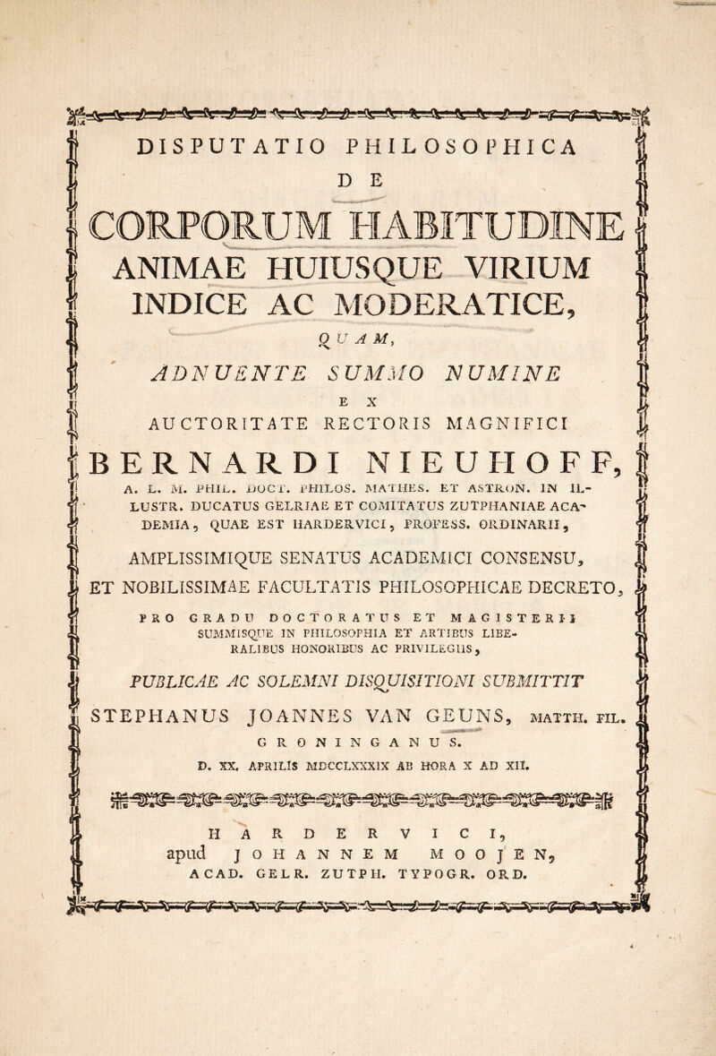 D E C0RPQRUM~HABITUD1NE ANIMAE HUIUSQUE- VIRIUM INDICE AC MODERATICE, Q^U J M, JDNUENTE SUMMO NUMINE E X AUCTORITATE RECTORIS MAGNIFICI B E R N A R D I N I E U FI O F P, A. L, M. LHIL. DOCT. PHILOS. MATHES. ET ASTRON. IN IL- LUSTR. DUCATUS GELRJAE ET COMITATUS ZUTPHANIAE ACA- DEMIA 5 QUAE EST HARDERVICl, PROFESS. ORDINARII, AMPLISSIMIQUE SENATUS ACADEMICI CONSENSU, ET nobilissimae FACULTATIS PHILOSOPHICAE DECRETO, PRO GRADU DOCTORATUS ET MAGISTERII SUMMISQIIE IN PHILOSOPHIA ET ARTIBUS LIBE- RALIBUS HONORIBUS AC PRIVILEGIIS, PUBLICAE AC SOLEMNI DISQUISITIONI SUBMITTIT I STEPHANUS JOANNES VAN GEUNS, matth. fil. GRONINGANUS. D. XX. APRILIS MDCCLXXXIX AB HORA X AD XII, % Tlli H R D E R apud J O H A N N E M AI O O j' E ACAD. GELR. ZUTPH. TYPOGR. ORD. 4