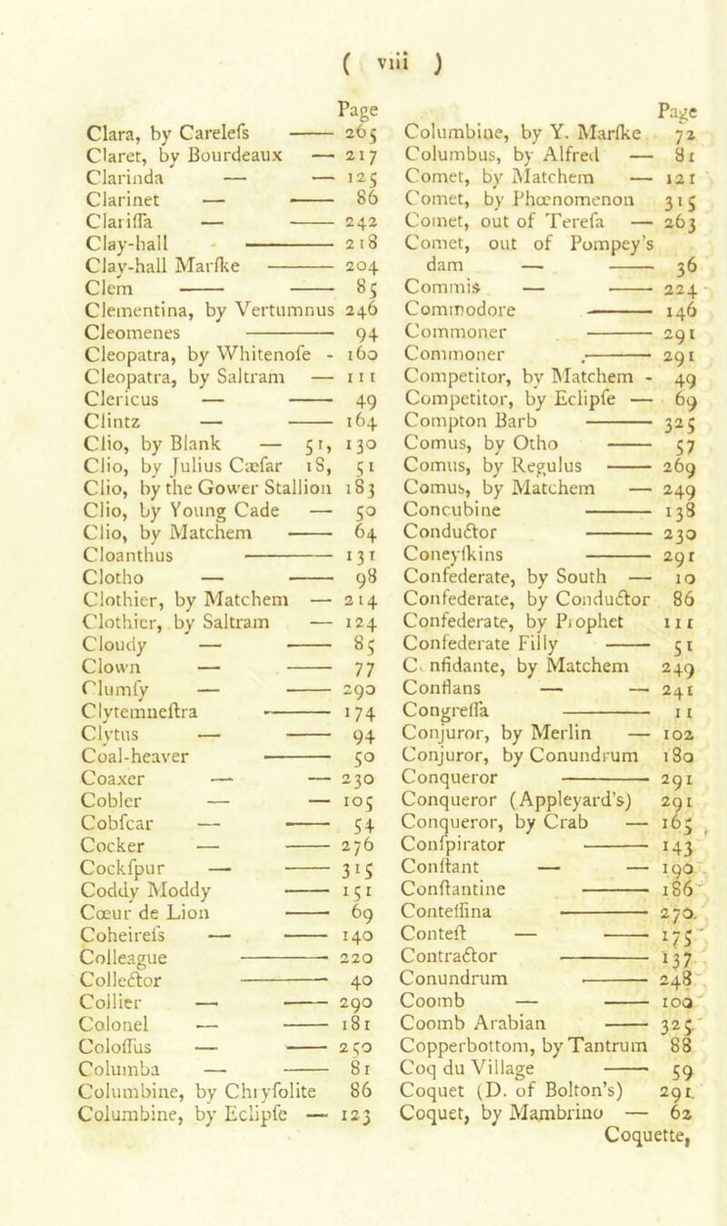 Page - 265 - 217 - ’2$ - 86 - 242 -218 - 204 8$ Clara, by Carelefs Claret, by Bourdeaux Clarinda — Clarinet — ClarifTa — Clay-hall - Clay-hall Marflie — Clem Clementina, by Vertumnus 246 Cleomenes 94 Cleopatra, by Whitenofe - 160 Cleopatra, by Saltram — 111 Clericus — 49 Clintz — 164 Clio, by Blank — 51, 130 Clio, by Julius Ctefar iS, 51 Clio, by the Gower Stallion 183 Clio, by Young Cade — 50 Clio, by Matchem 64 Cloanthus 131 Clotho — 98 Clothier, by Matchem — 214 Clothier, by Saltram — 124 85 77 290 174 94 50 — 230 — 105 Cloudy Clown Clumly Clytemneftra Clytus Coal-heaver Coaxer Cobler Cobfear Cocker — Cockfpur — Coddy Moddy Coeur de Lion Coheirels — Colleague Colleftor Collier —■ Colonel — CololTus — Columba — Columbine, by Chiyfolite Columbine, by Eclipfe — Columbine, by Y. Marlke Columbus, bv Alfretl — Comet, bv Matchem — Comet, by Phenomenon Comet, out of Terefa — Comet, out of Pompey’s dam — Commis — Commodore — Commoner Commoner , Competitor, by Matchem Competitor, by Eclipfe - Compton Barb Comus, by Otho Comus, by Regulus Comus, by Matchem - Concubine Conduftor Coneylkins Confederate, by South — Confederate, by ConducElor Confederate, by Prophet Confederate Filly C nfidante, by Matchem Conflans — — Congrelfa Conjuror, by Merlin — Conjuror, by Conundrum Conqueror Conqueror (Appleyard’s) Page 72 81 12 1 315 263 36 224 • 146 291 291 49 69 325 57 269 249 133 230 291 10 86 111 51 249 241 11 102 iSa 291 291 54 Conqueror, by Crab — 165 , 276 Confpirator H3 315 Confiant — — 190 . 151 Conflantine i86‘^ 69 Contelfina 270. 140 Contefi: — ^75' 220 Contractor 40 Conundrum 248- 290 Coomb — loa i8r Coomb Arabian 325.' 2 Copperbottom, by Tantrum 88 8r Coq du Village 59 86 Coquet (D. of Bolton’s) 291. 123 Coquet, by Ma.mbrino — 62 Coquette,