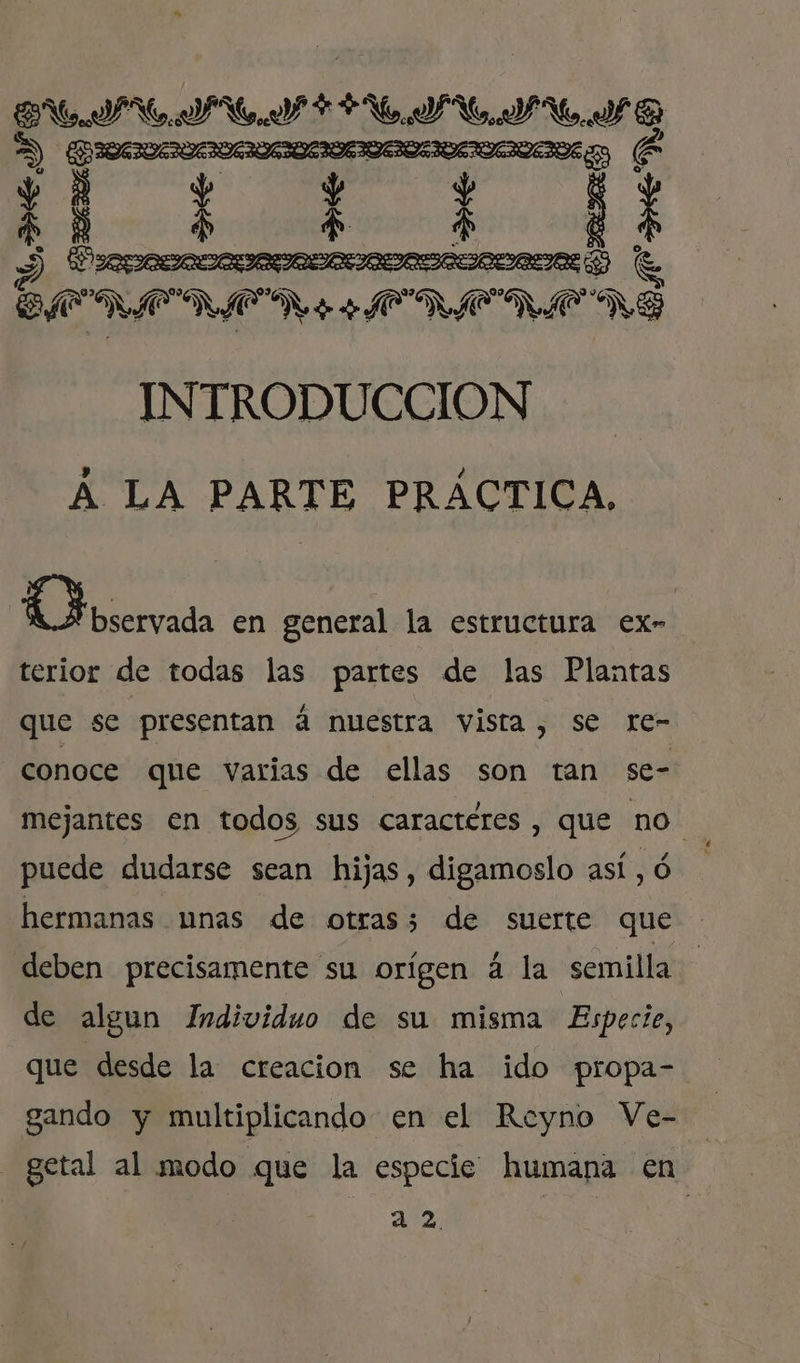 DUI. YA. &gt; A PR NOD $ AE ñ ; DÍ NN R w MN PD INS he 2 JO ga” NIP Ga” NE NN INTRODUCCION A LA PARTE PRÁCTICA, | o brerida en general la estructura €x- terior de todas las partes de las Plantas que se presentan á nuestra vista, se re- conoce que varias de ellas son tan se= mejantes en todos sus caractéres, que no. puede dudarse sean hijas, digamoslo así, ó hermanas unas de otras; de suerte que deben precisamente su orígen a la semilla de algun Individuo de su misma Especie, que desde la creacion se ha ido propa- gando y multiplicando en el Reyno Ve- - getal al modo que la especie humana en A 2 2d |