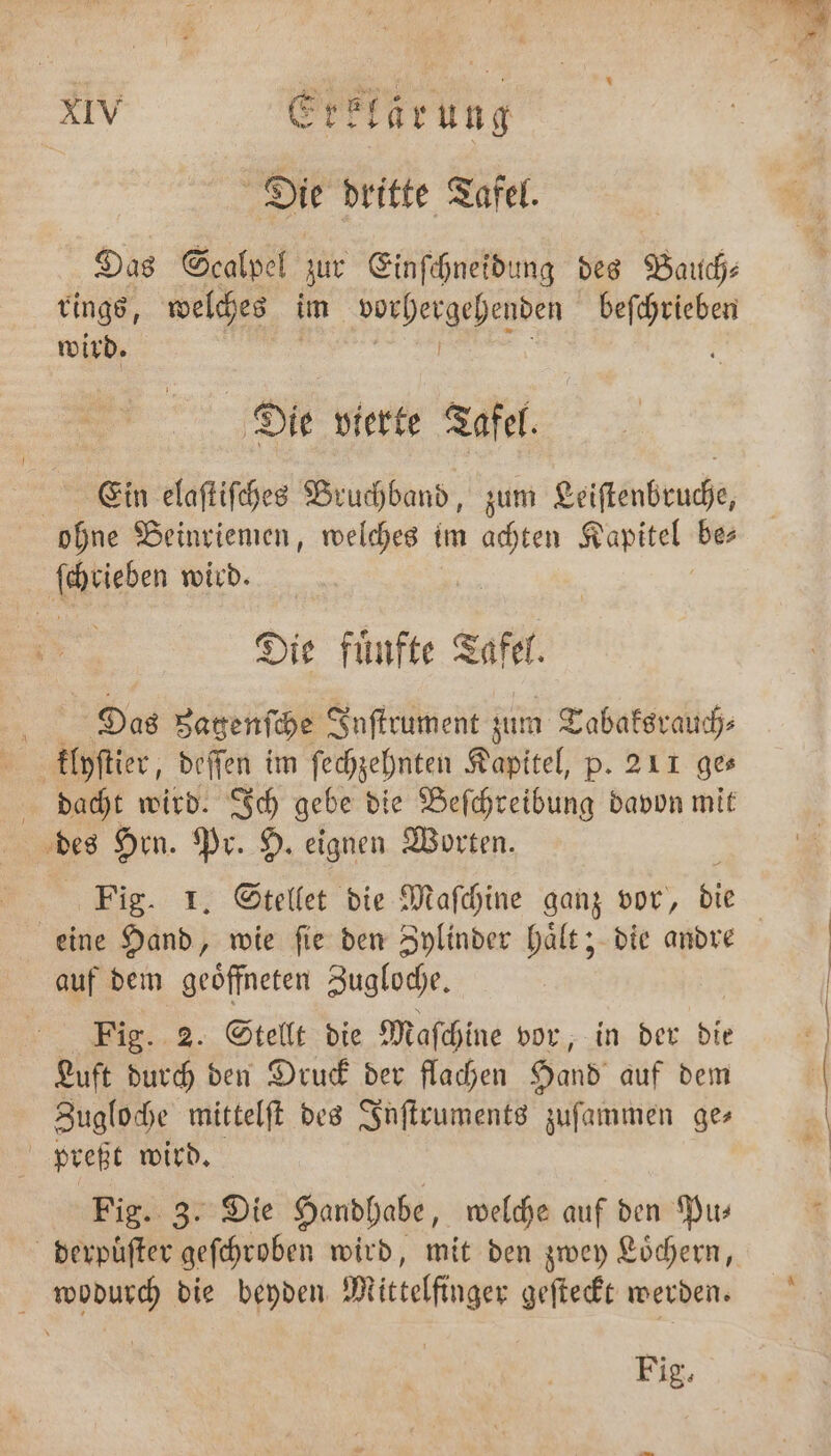 Die dritte Tafel. Das Scalpel zur Einſchneidung des Bauch⸗ rings, welches im vorhergehenden beſchrieben wird. g . f Die vierte Tafel. Ein elaſtiſches Bruchband, zum Leiſtenbruche, ohne Beinriemen, welches im achten Kapitel be— ſchrieben wird. | Die fünfte Tafel. | Das Bagenſche Inſtrument zum Tabaksrauch⸗ klyſtier, deſſen im ſechzehnten Kapitel, p. 211 ges dacht wird. 9 gebe die Beſchreibung davon mit des Hrn. Pr. H. eignen Worten. eine Hand, wie fie den Zylinder haͤlt; die andre auf dem geoͤffneten Zugloche. Pig. 2. Stellt die Maſchine vor, in der die Luft durch den Druck der flachen Hand auf dem Zugloche mittelſt des Inſtruments zuſammen ges | preßt wird. Fig. 3. Die Handhabe, welche auf den Pu⸗ wodurch die beyden Mittelfinger geſteckt werden.