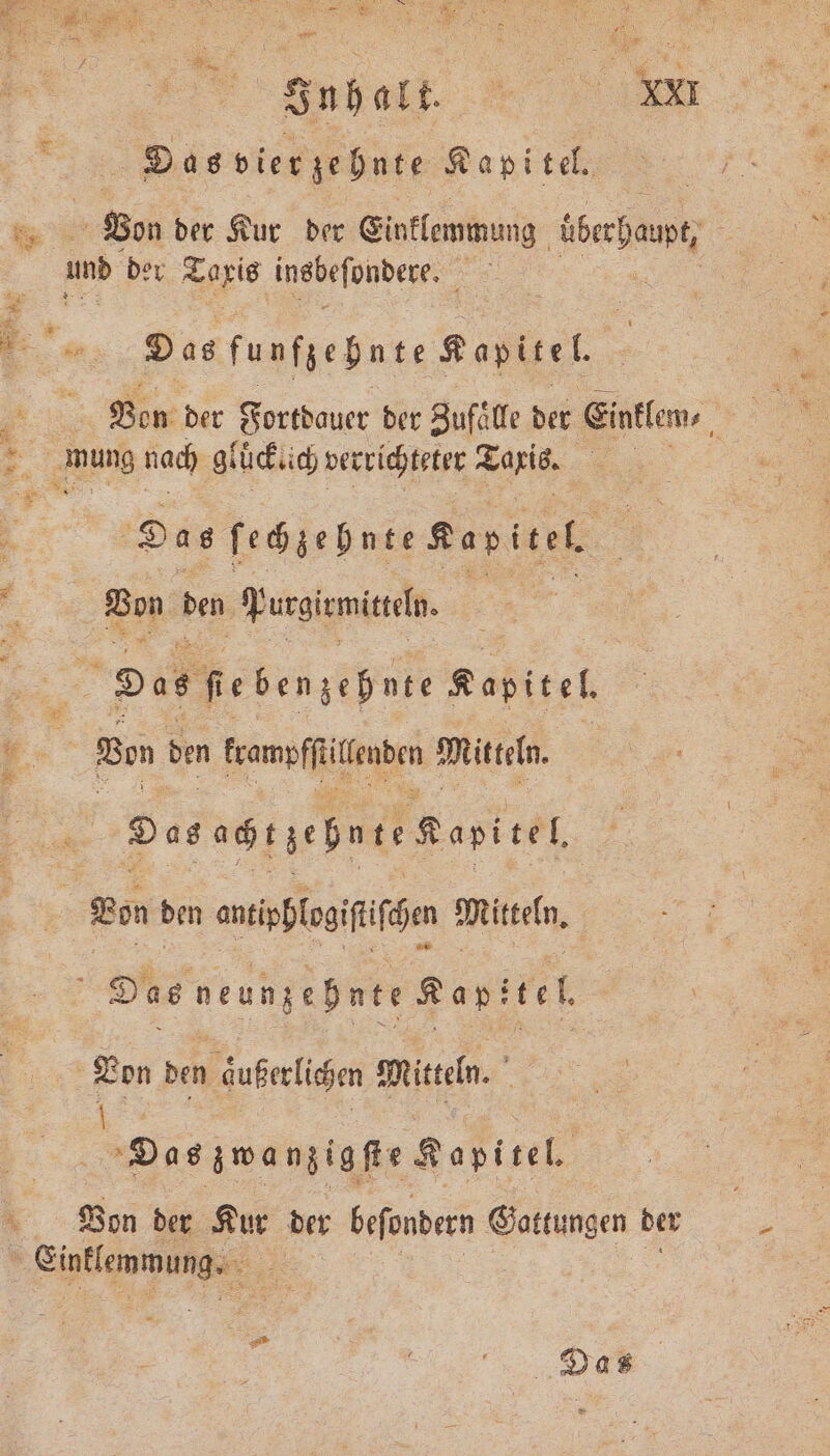 Das vier zehnte Kapitel. Von der Kur der Einklemmung üben; . Das funfzehnte Kapitel. . Von der Fortdauer der Zufälle der Einklem, | ‚ung nach gluͤcklich verrichteter Taxis. . Das ſechzehnte Kapi itel. Von den Yurgiemitteln. Das he benzehnte Kepitel. 1 Bon den pen Mitteln. Er Das agrzehnteKapirel, | | 9 Bon den murblasiſiche Mitteln. Das neungednte Rapitel Von den außerlichen Mitteln. | : Sir z wa nzigfie Kopitel Von der Kur der beſondern Gattungen der 8 Eintlenwung⸗ .